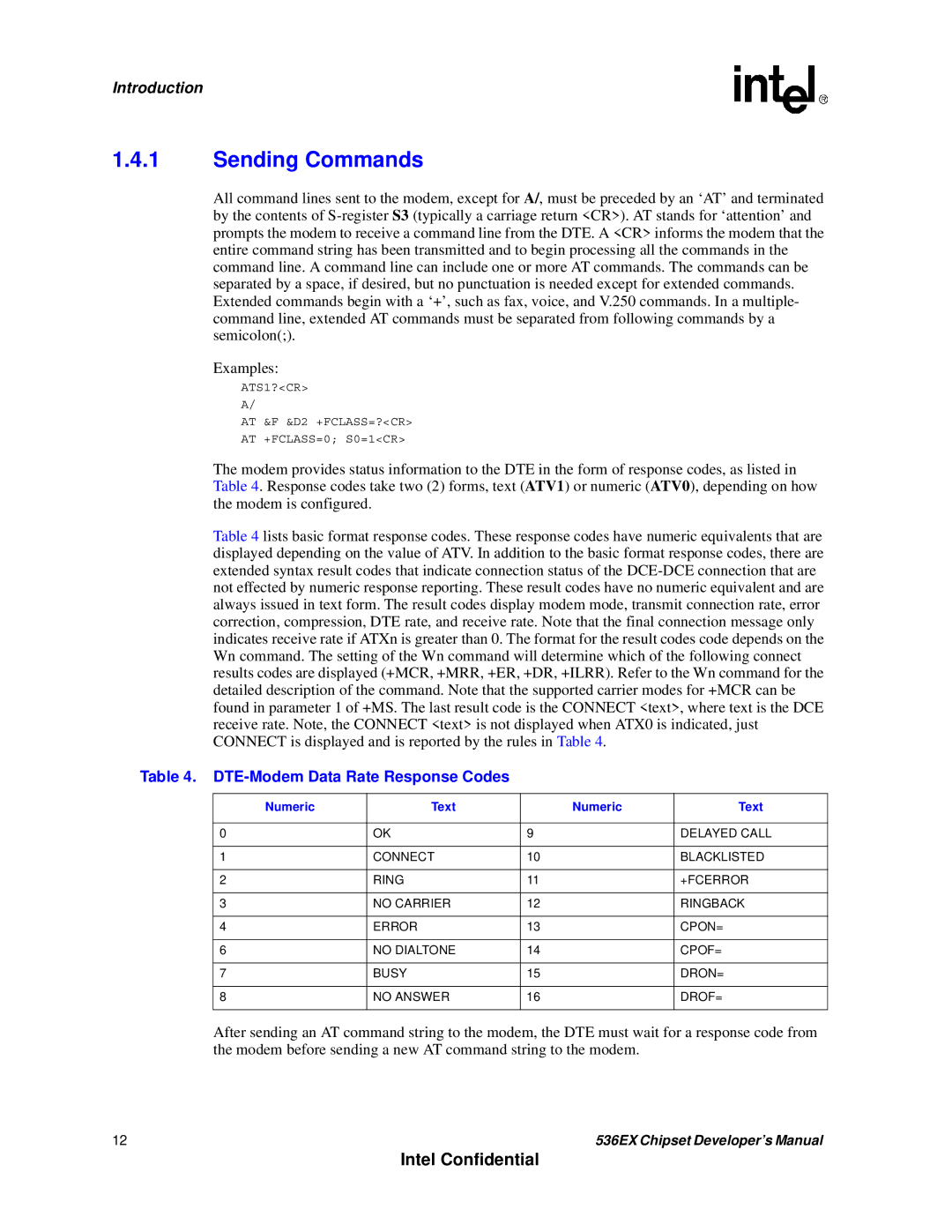 Intel 537EX manual Sending Commands, DTE-Modem Data Rate Response Codes, Numeric Text, Delayed Call 