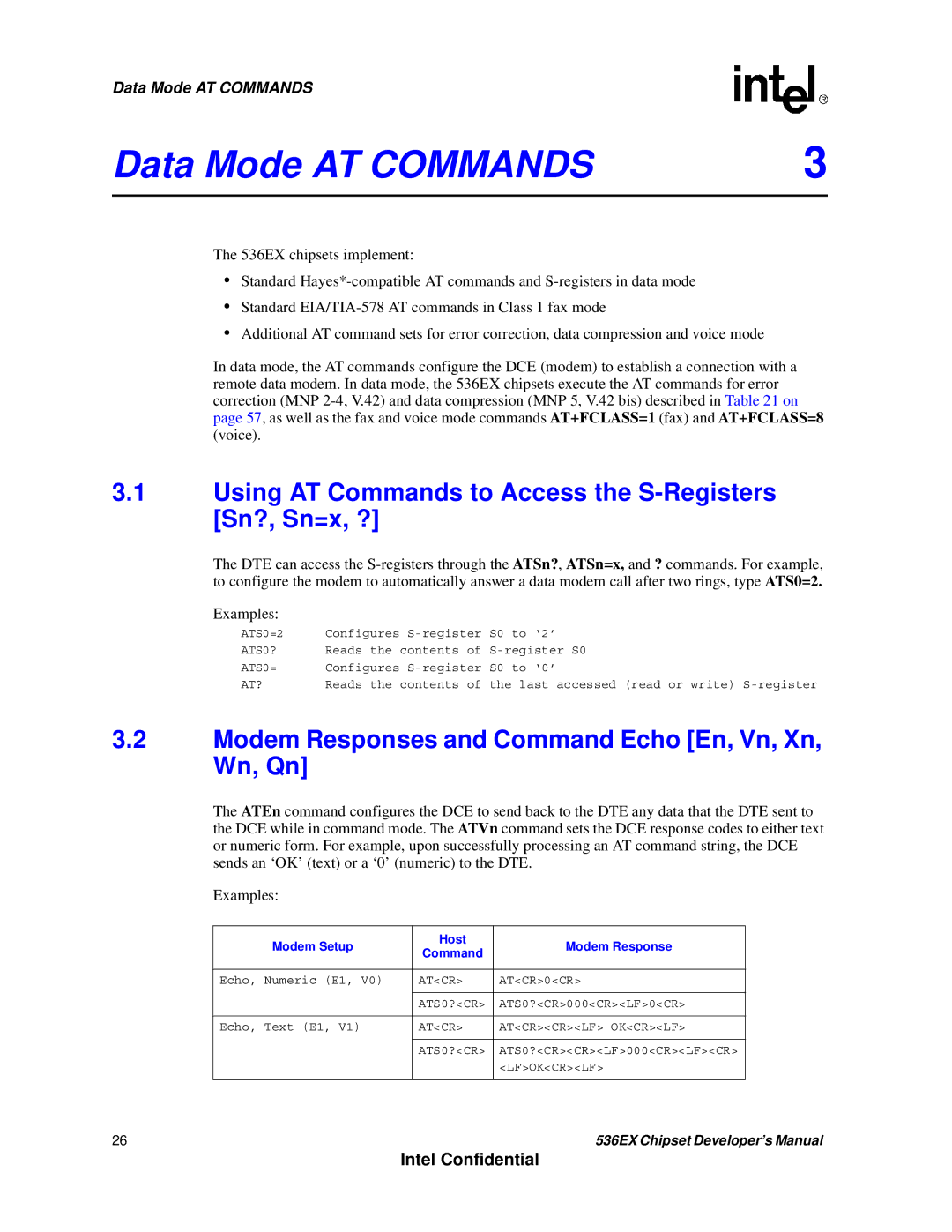 Intel 537EX Using AT Commands to Access the S-Registers Sn?, Sn=x, ?, Modem Responses and Command Echo En, Vn, Xn, Wn, Qn 