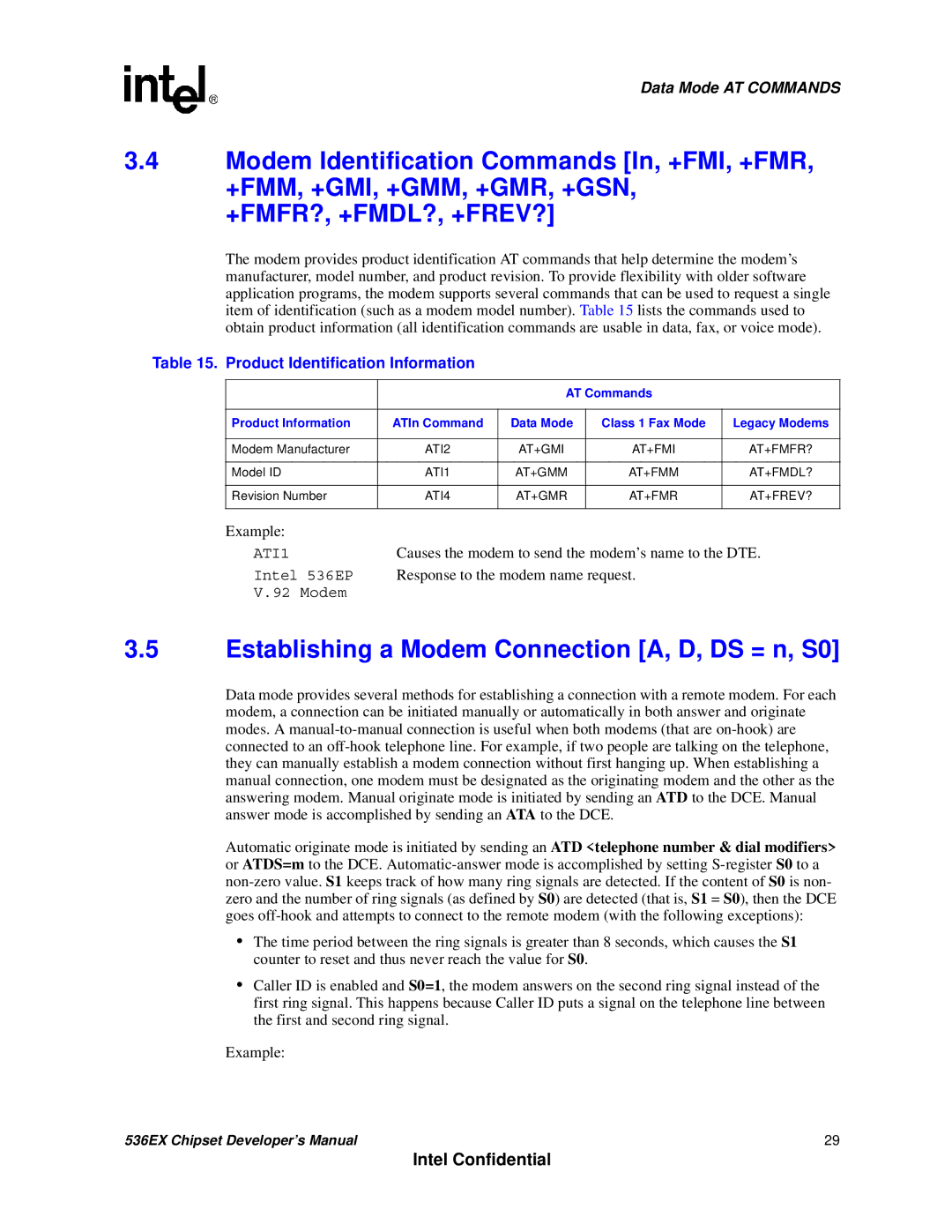 Intel 537EX manual Establishing a Modem Connection A, D, DS = n, S0, Product Identification Information 