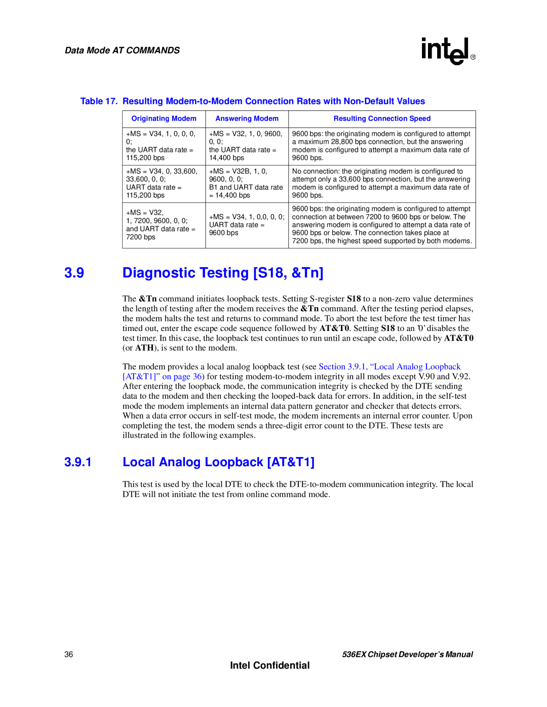 Intel 537EX manual Diagnostic Testing S18, &Tn, Local Analog Loopback AT&T1 