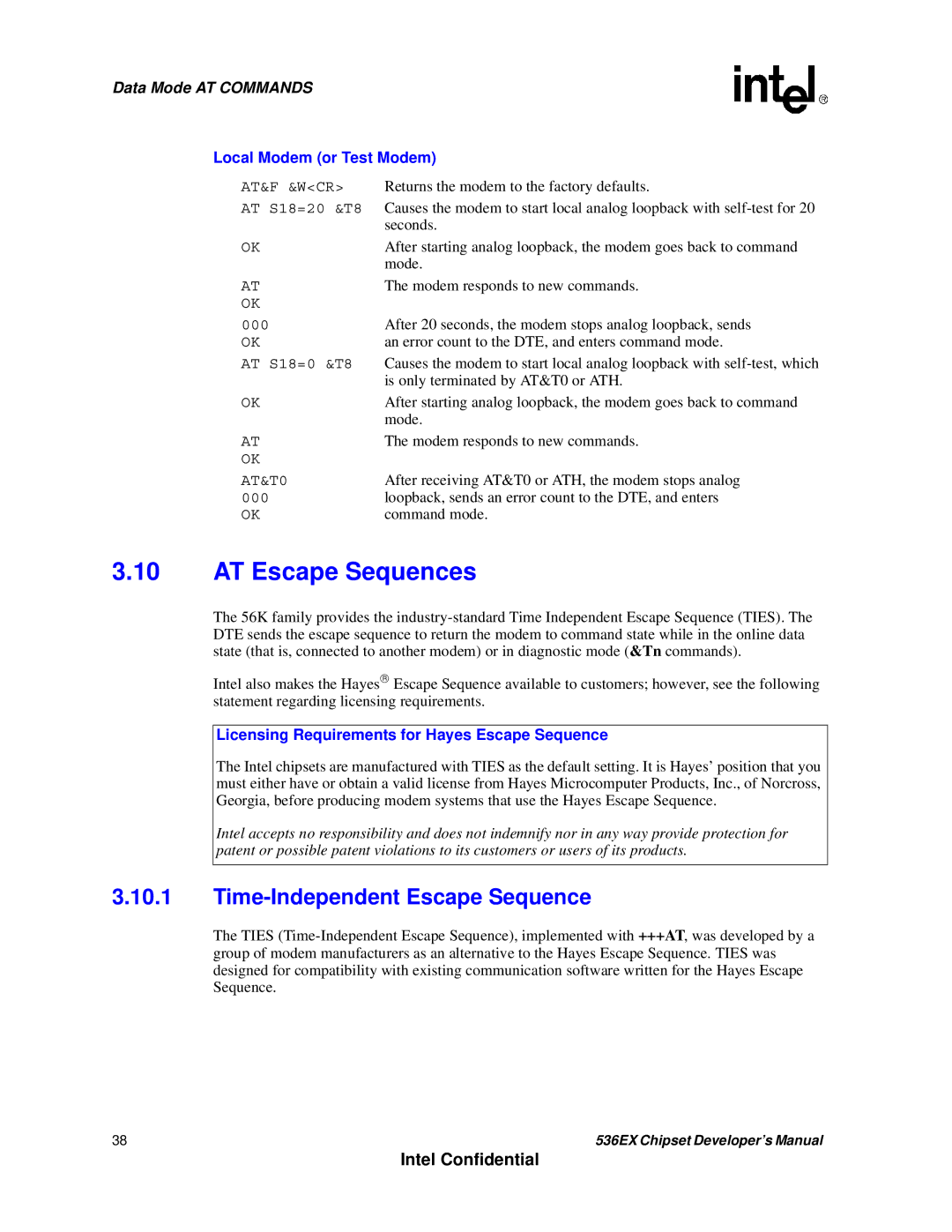 Intel 537EX manual AT Escape Sequences, Time-Independent Escape Sequence, Licensing Requirements for Hayes Escape Sequence 