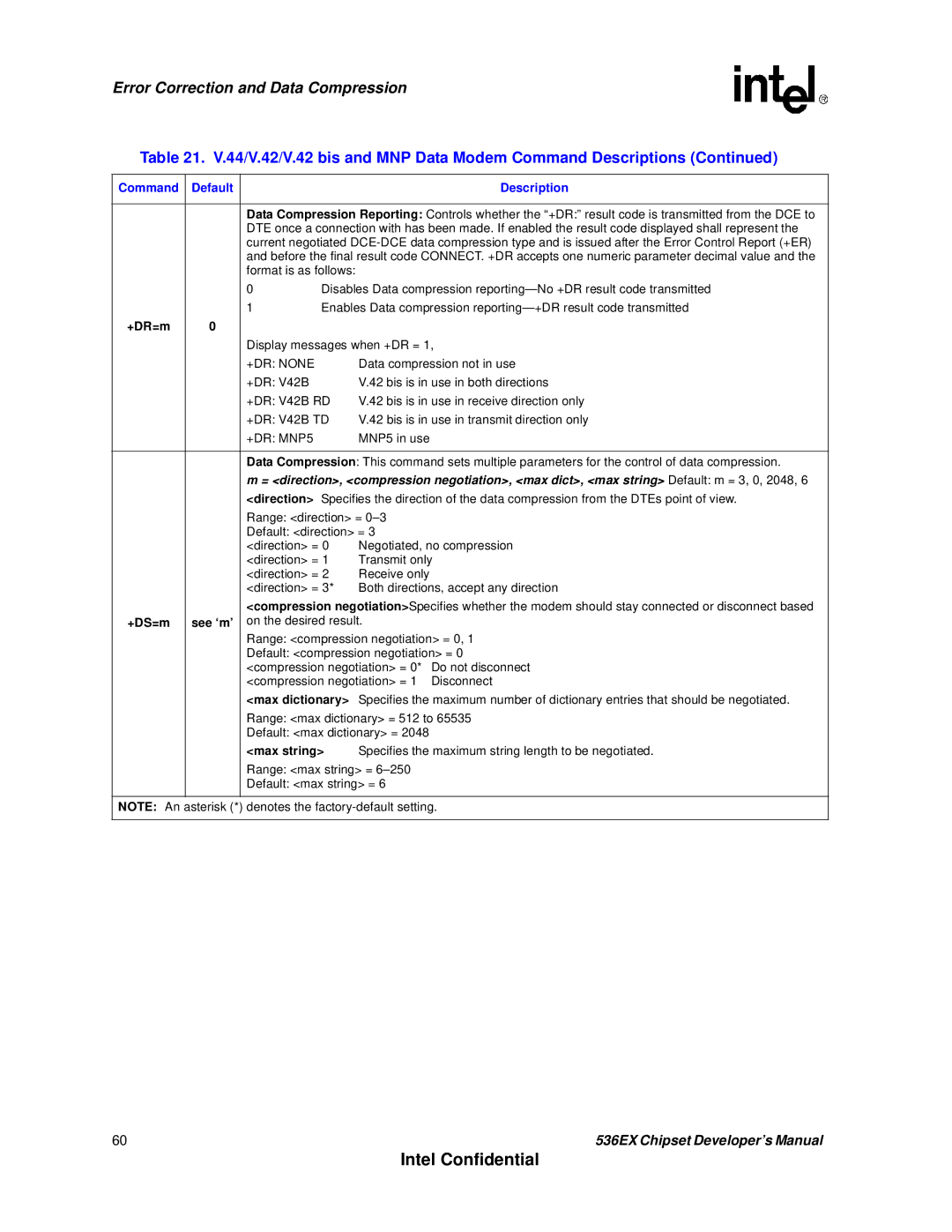 Intel 537EX manual +DR=m, Direction, +DS=m, Max string 