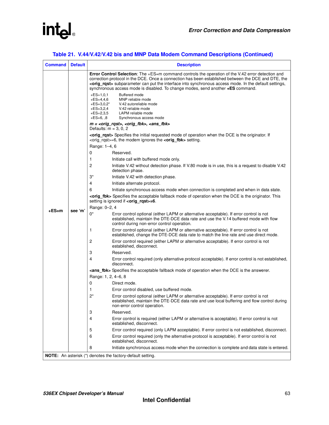 Intel 537EX manual Setting is ignored if origrqst=6, +ES=m, Range 0-2, Control during non-error control operation 