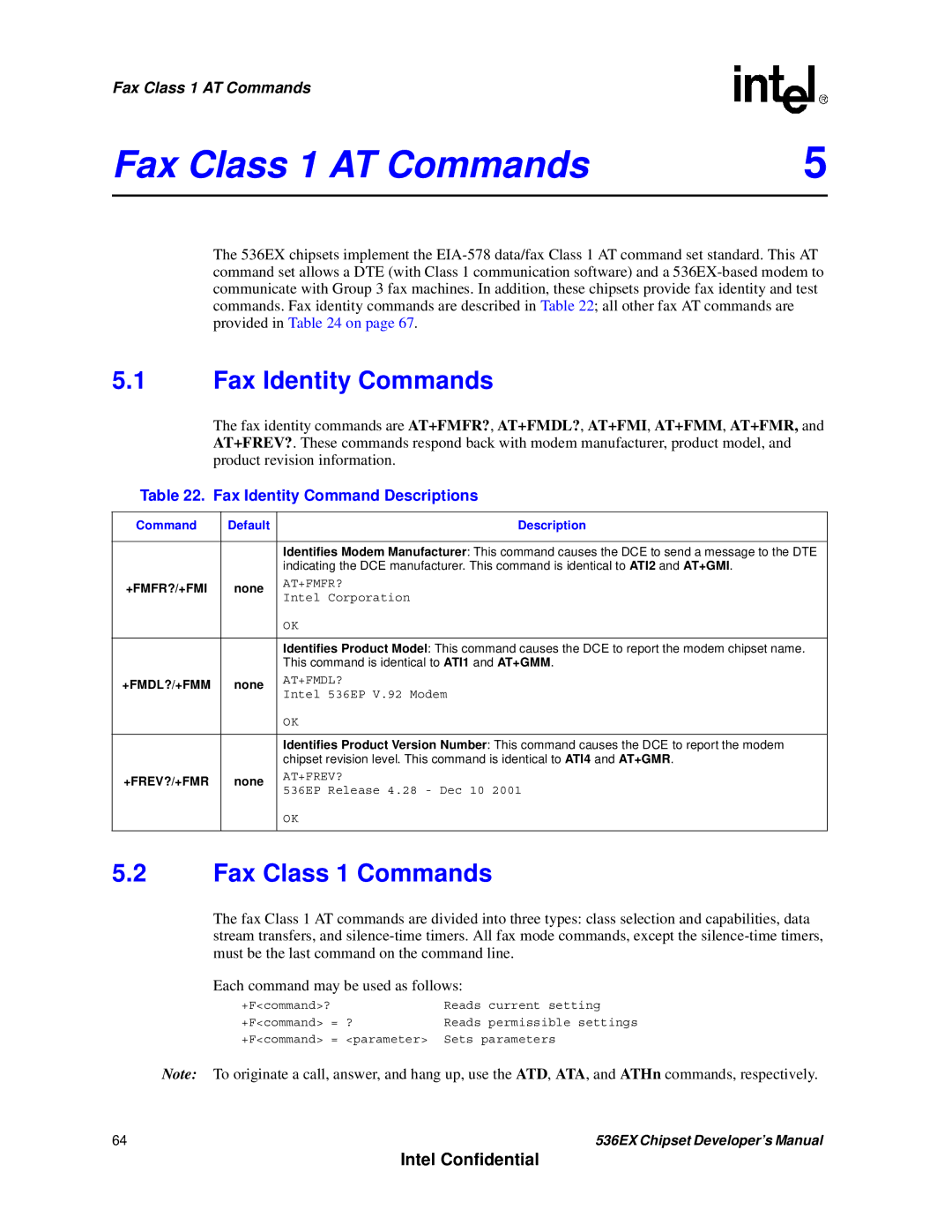 Intel 537EX manual Fax Identity Commands, Fax Class 1 Commands, Fax Identity Command Descriptions, +Fmfr?/+Fmi, +Frev?/+Fmr 