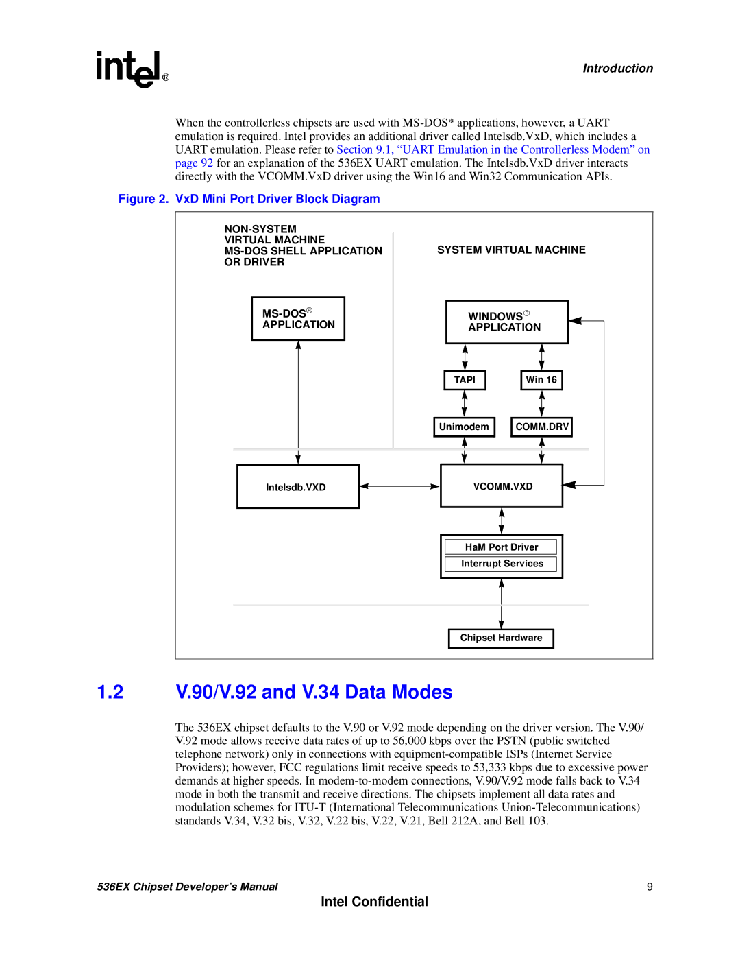 Intel 537EX manual V.90/V.92 and V.34 Data Modes, Tapi, Unimodem, Intelsdb.VXD 