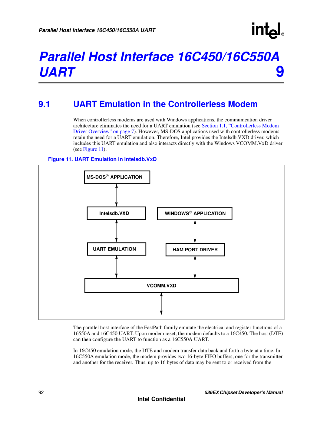 Intel 537EX manual Uart Emulation in the Controllerless Modem, Uart Emulation in Intelsdb.VxD 