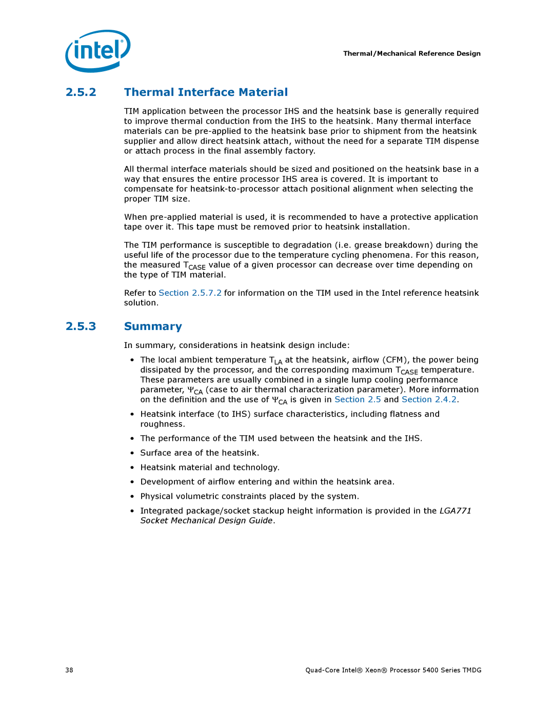 Intel 5400 Series manual Thermal Interface Material, Summary 