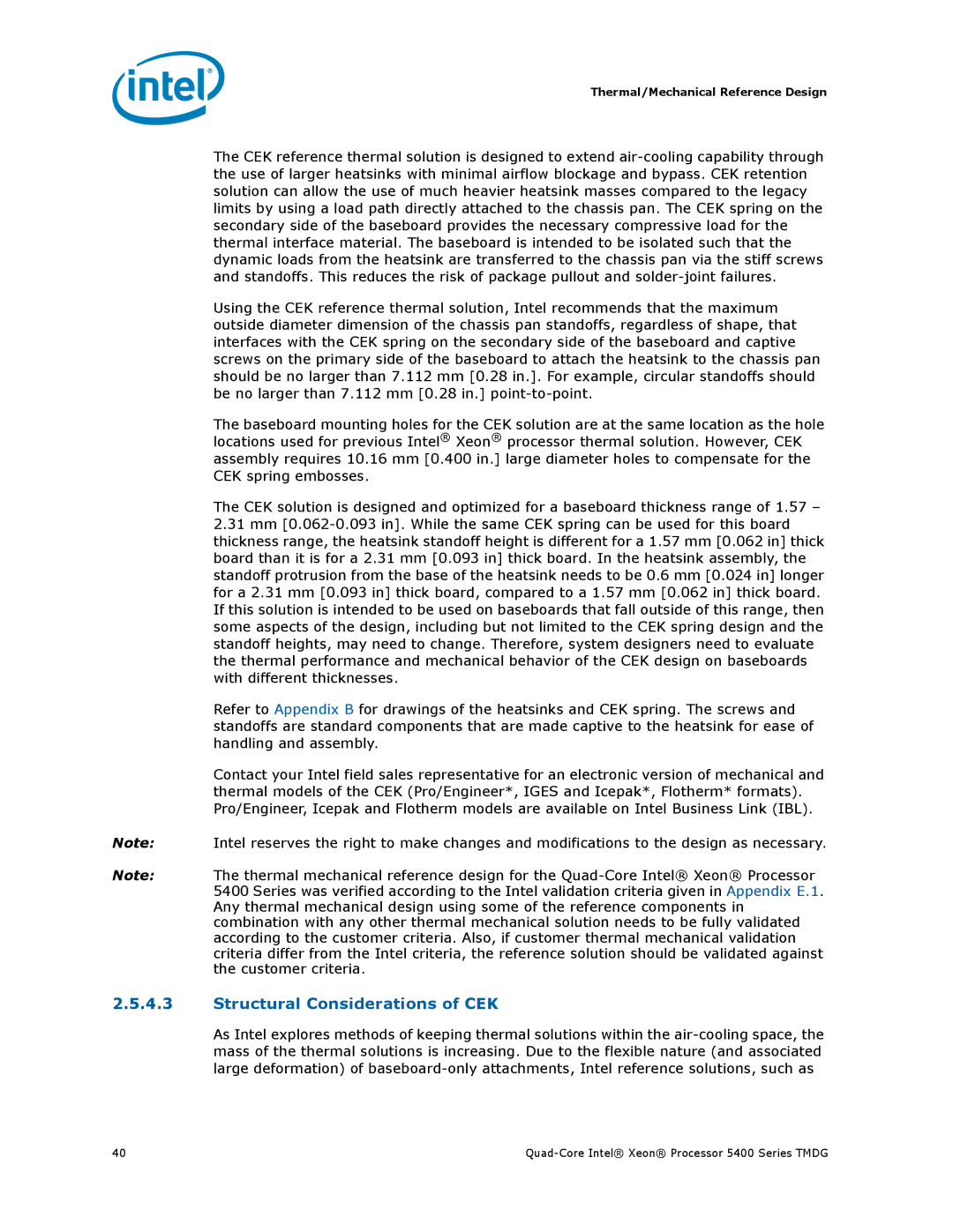 Intel 5400 Series manual Structural Considerations of CEK 