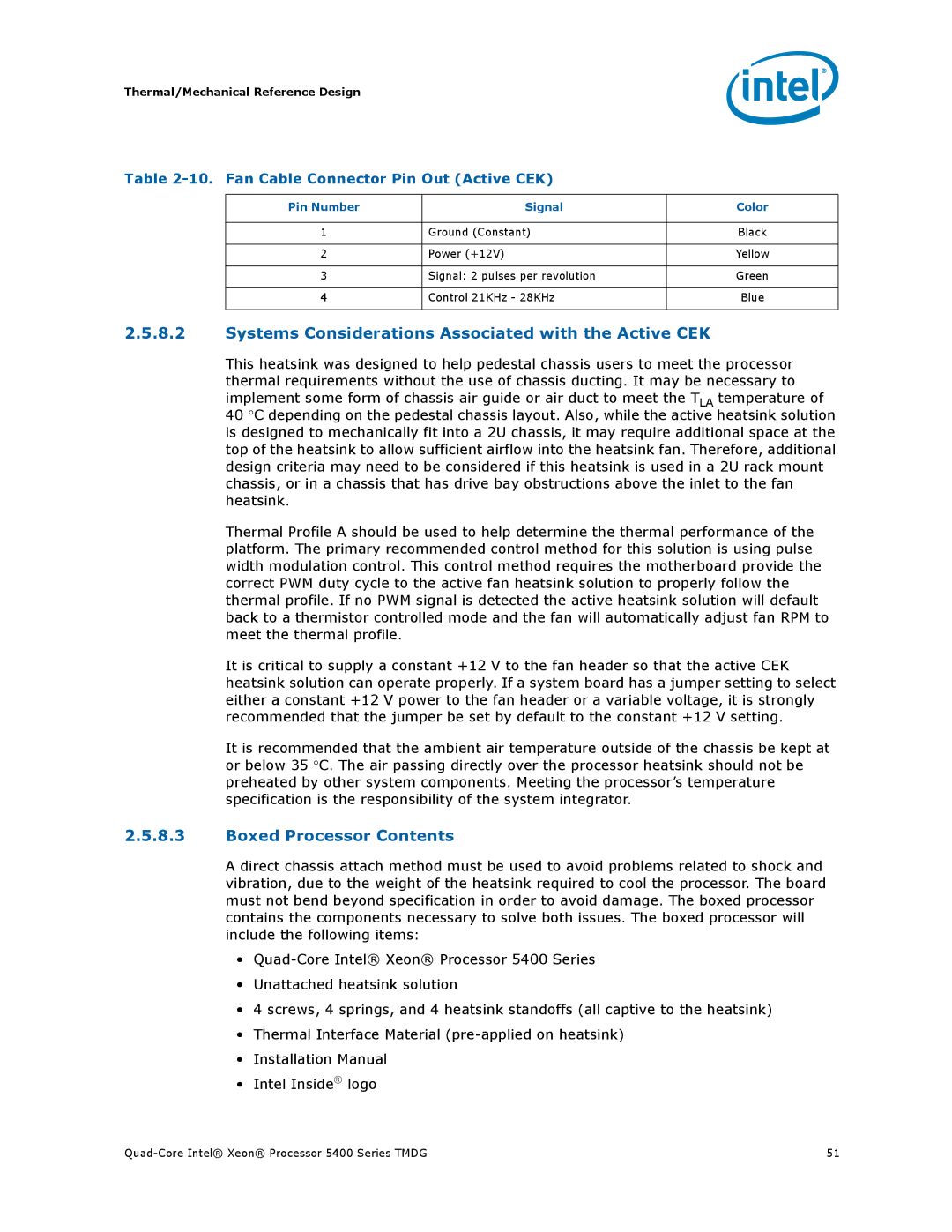 Intel 5400 Series manual Systems Considerations Associated with the Active CEK, Boxed Processor Contents 