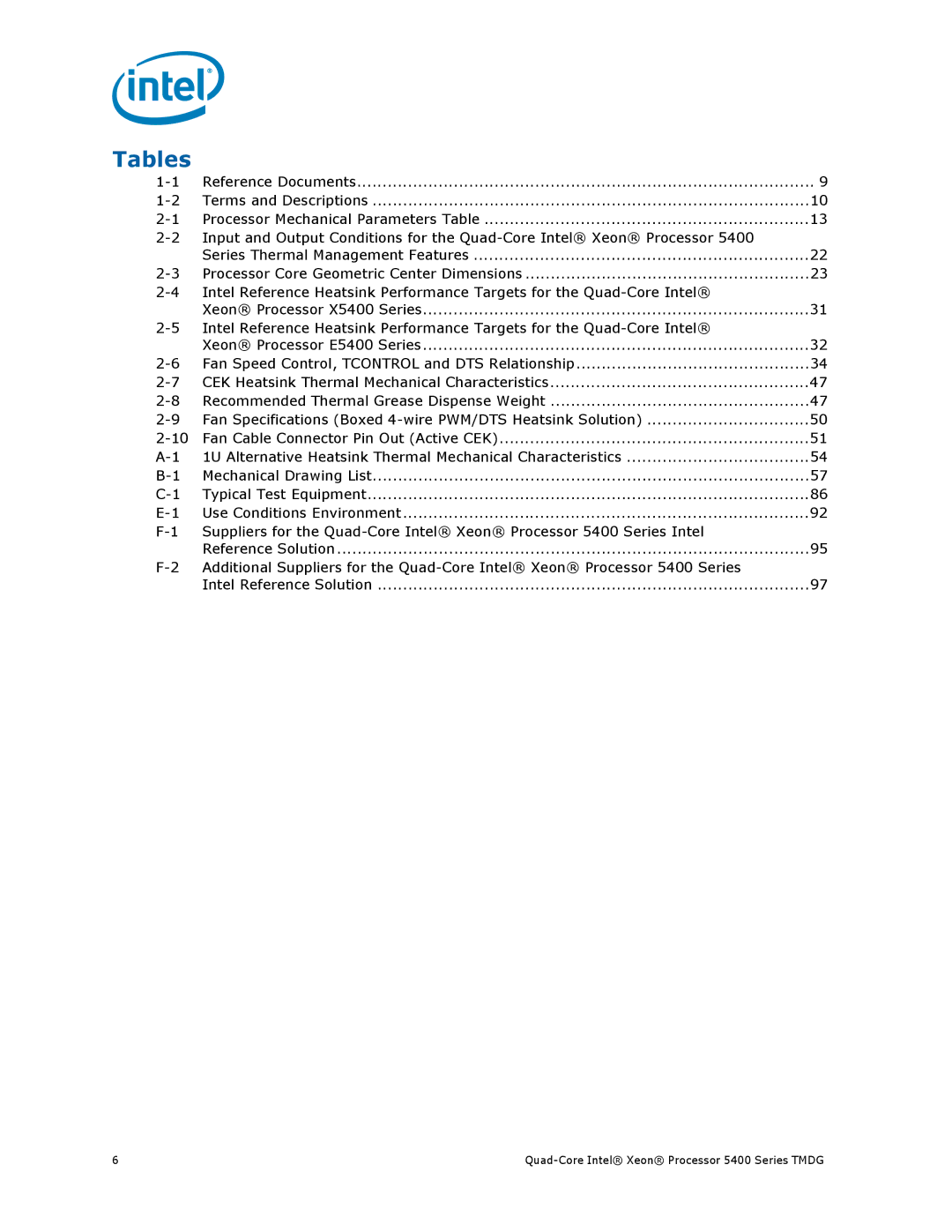 Intel 5400 Series manual Tables 