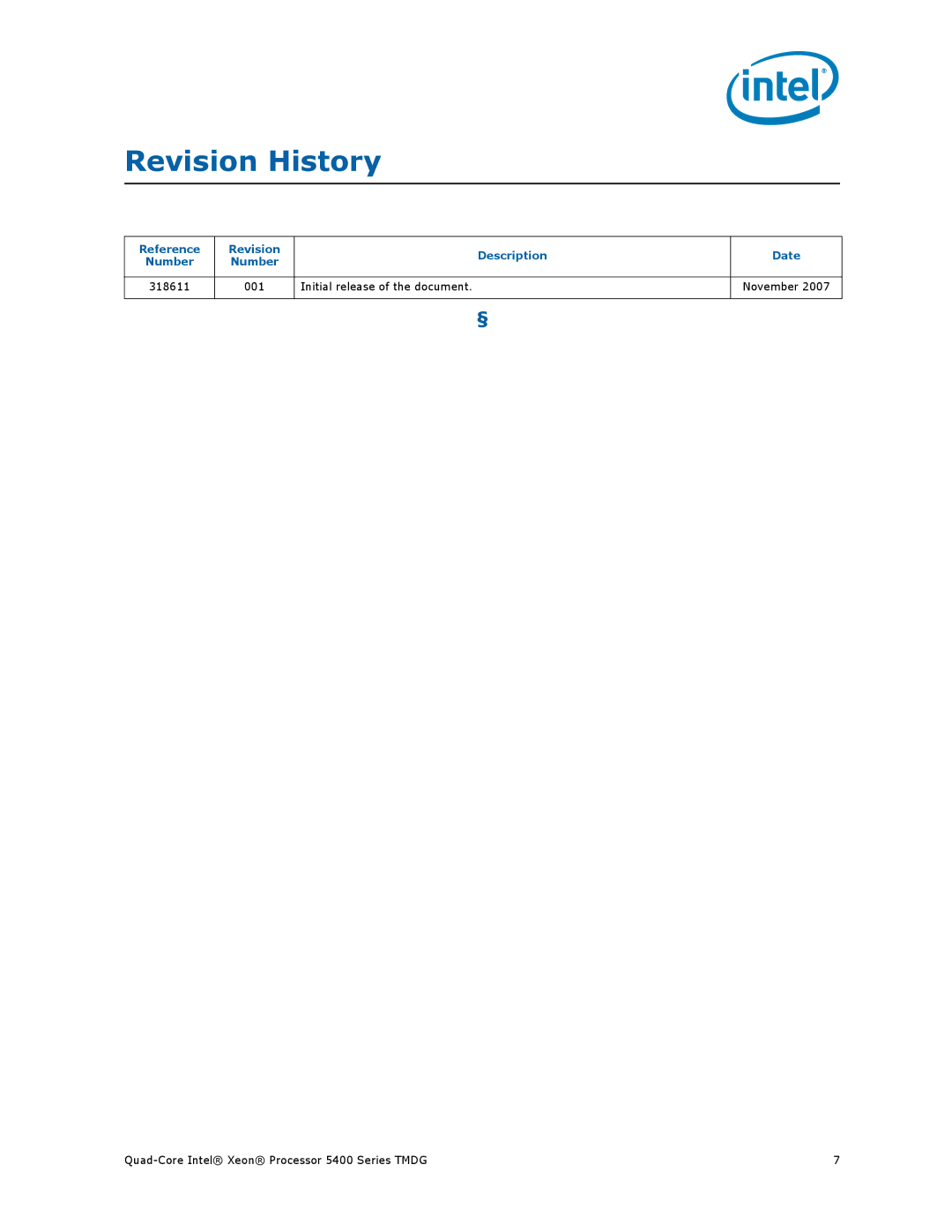 Intel 5400 Series manual Reference Revision Description Date Number, Initial release of the document 