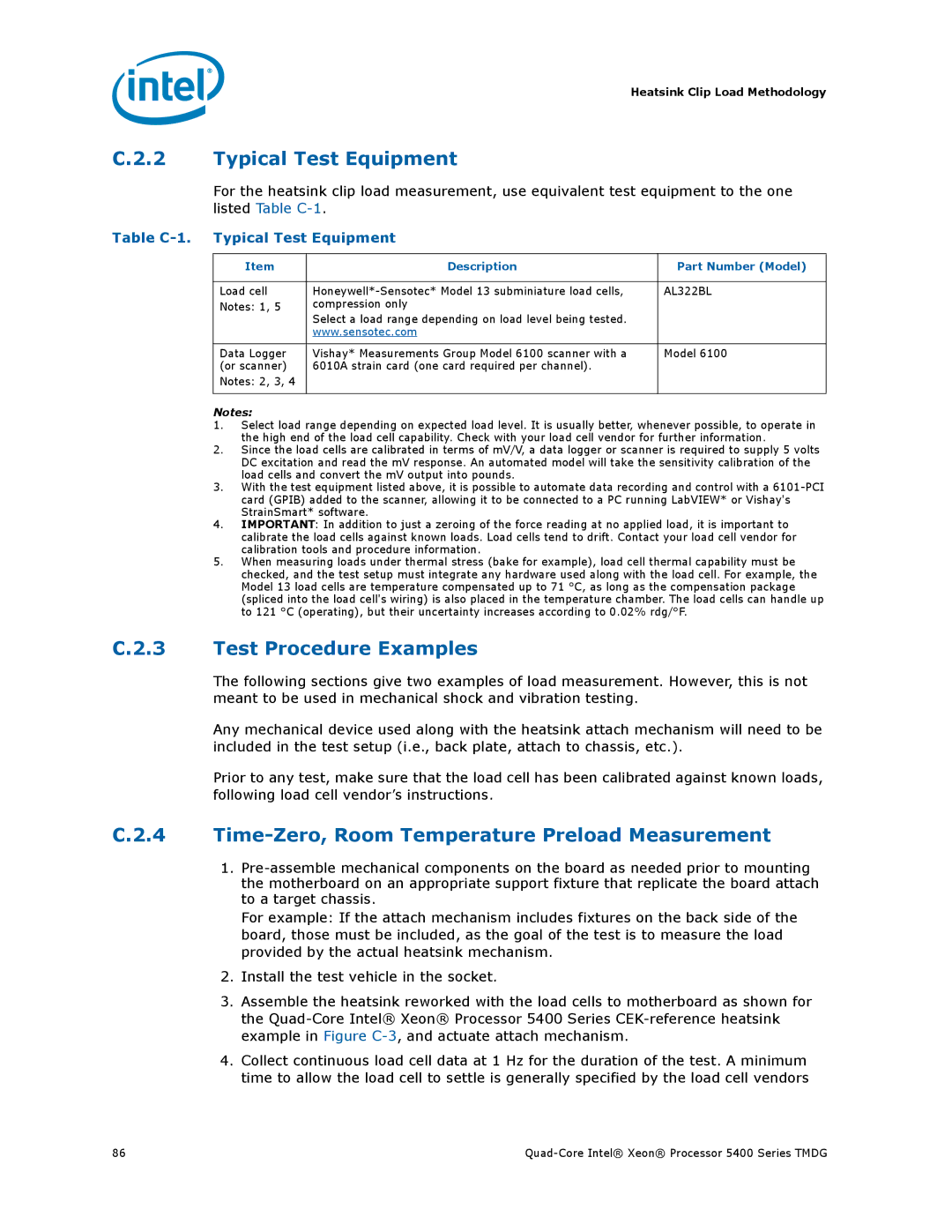 Intel 5400 Series manual Typical Test Equipment, Test Procedure Examples, Time-Zero, Room Temperature Preload Measurement 