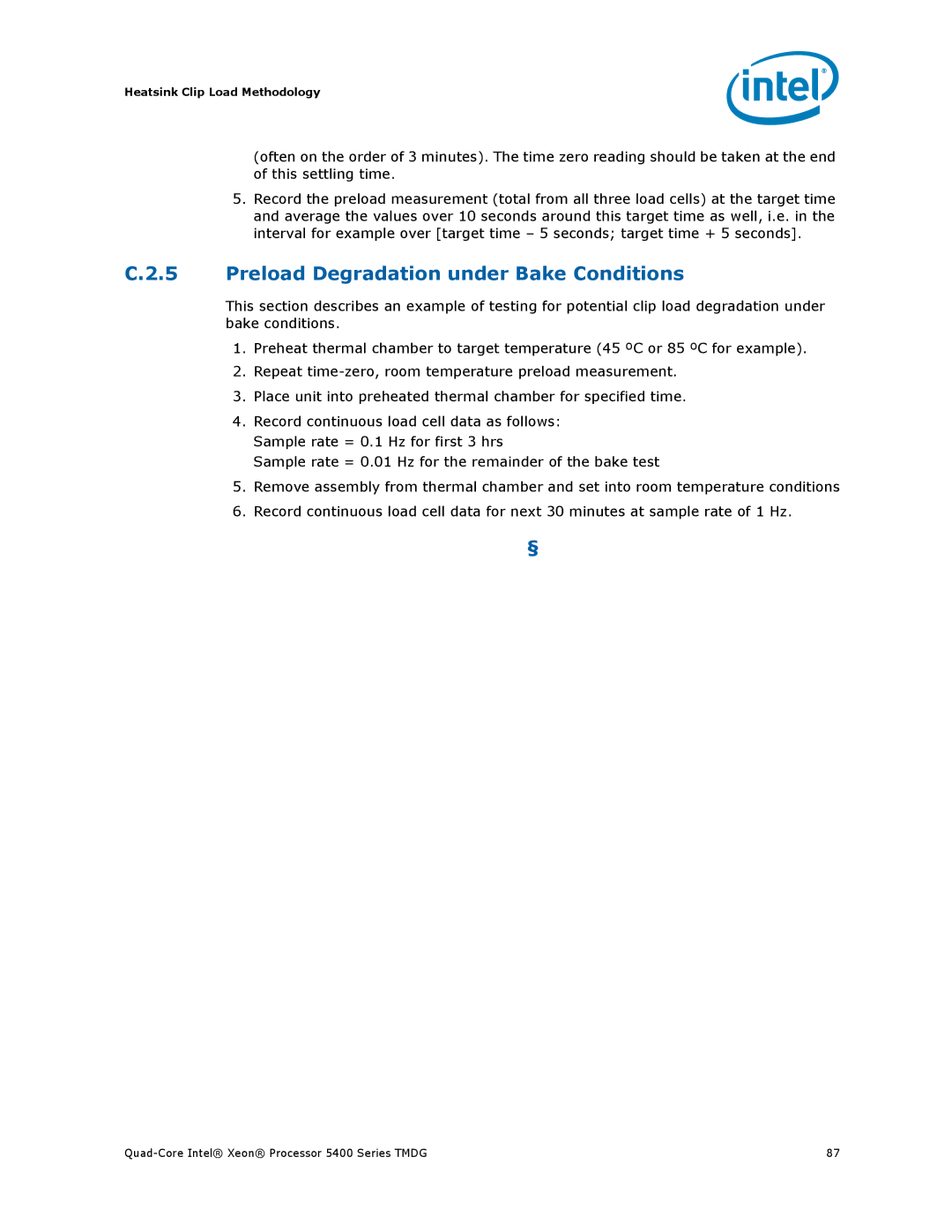 Intel 5400 Series manual Preload Degradation under Bake Conditions 