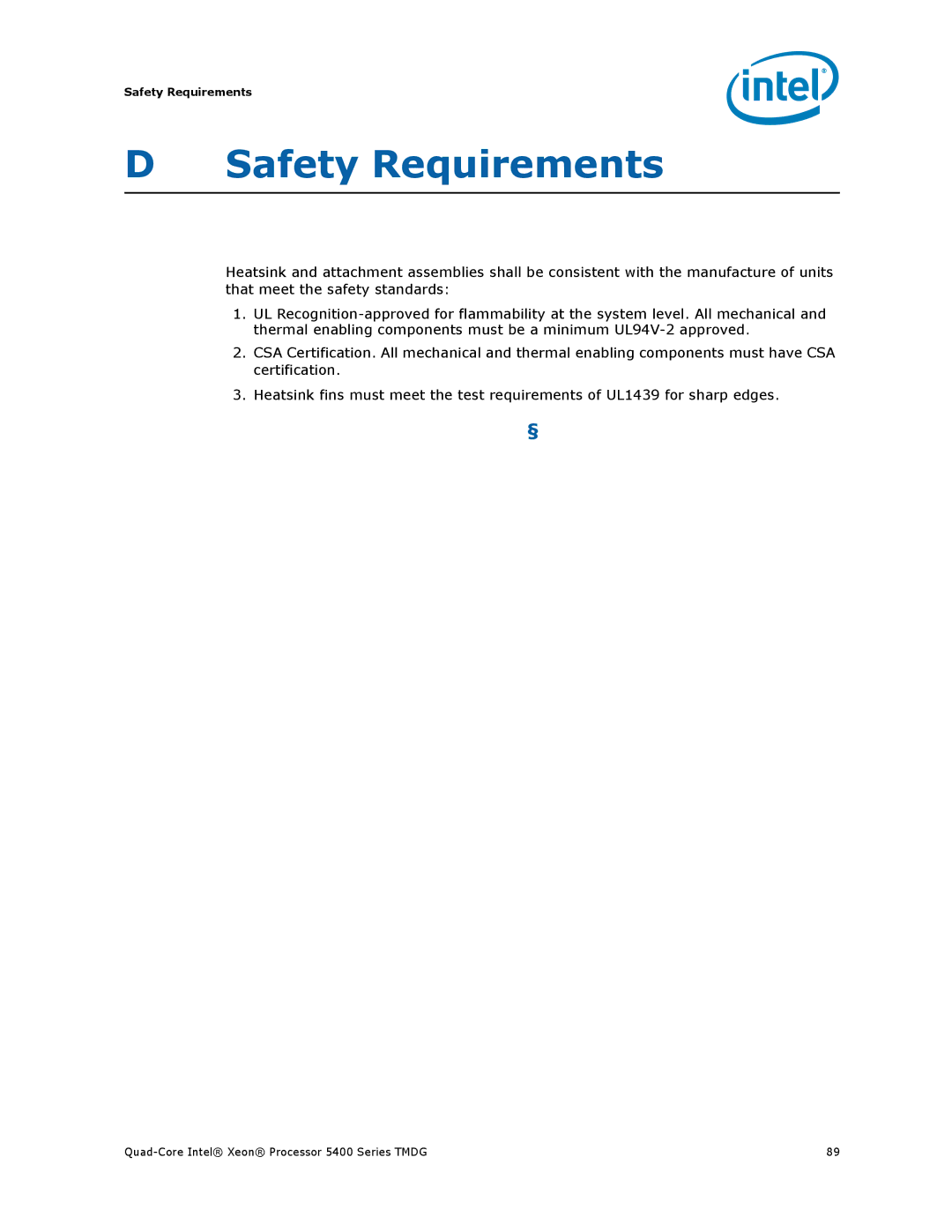 Intel 5400 Series manual Safety Requirements 