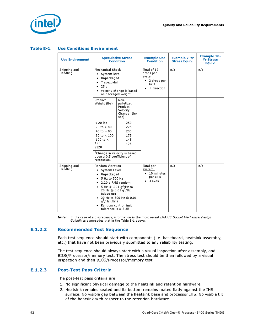 Intel 5400 Series manual Recommended Test Sequence, Post-Test Pass Criteria, Table E-1 Use Conditions Environment 