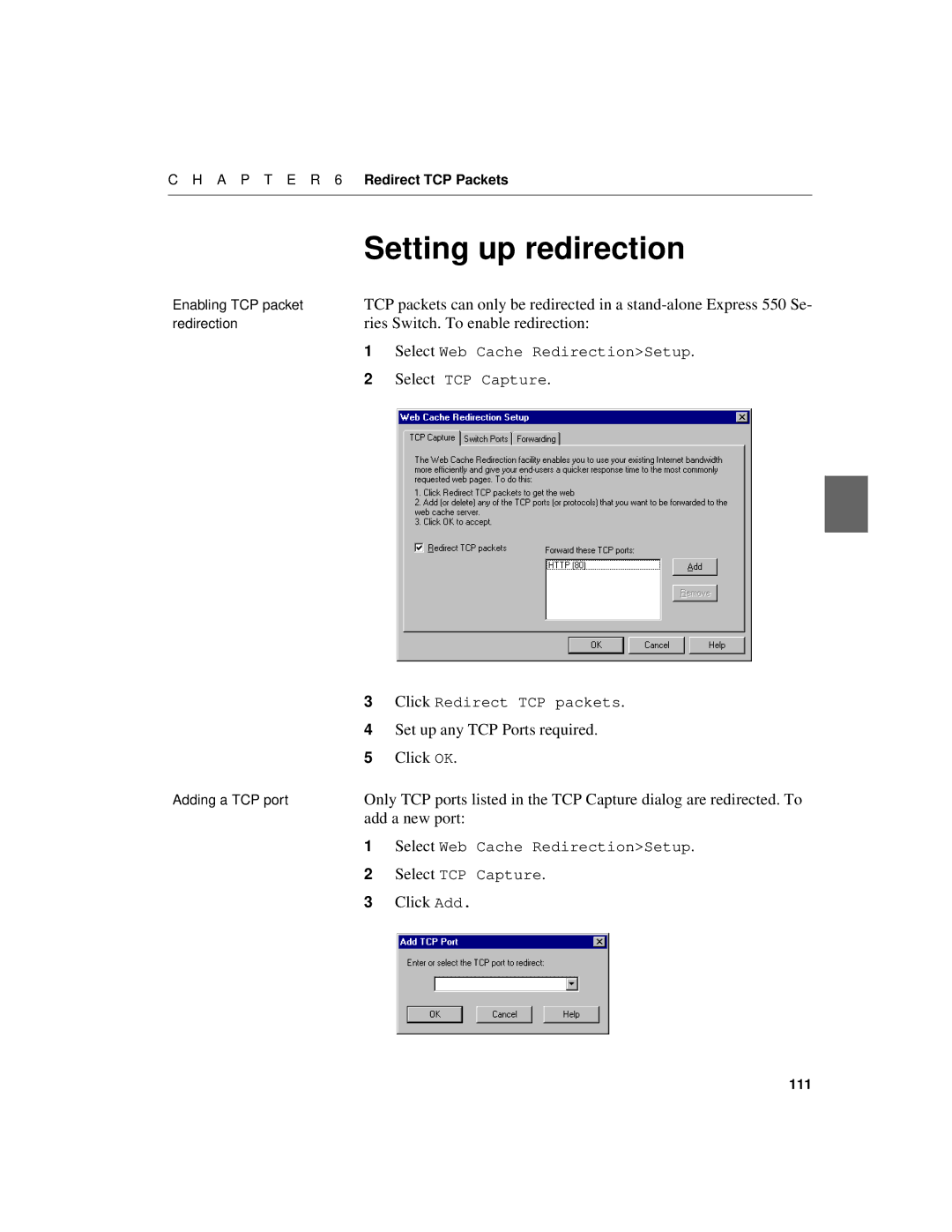 Intel 550F manual Setting up redirection, Ries Switch. To enable redirection, Set up any TCP Ports required, Add a new port 