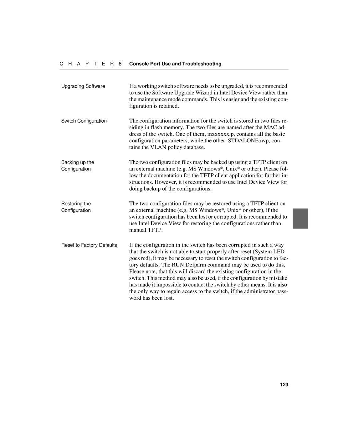 Intel 550F manual Tains the Vlan policy database, Doing backup of the configurations, Manual Tftp, Word has been lost 