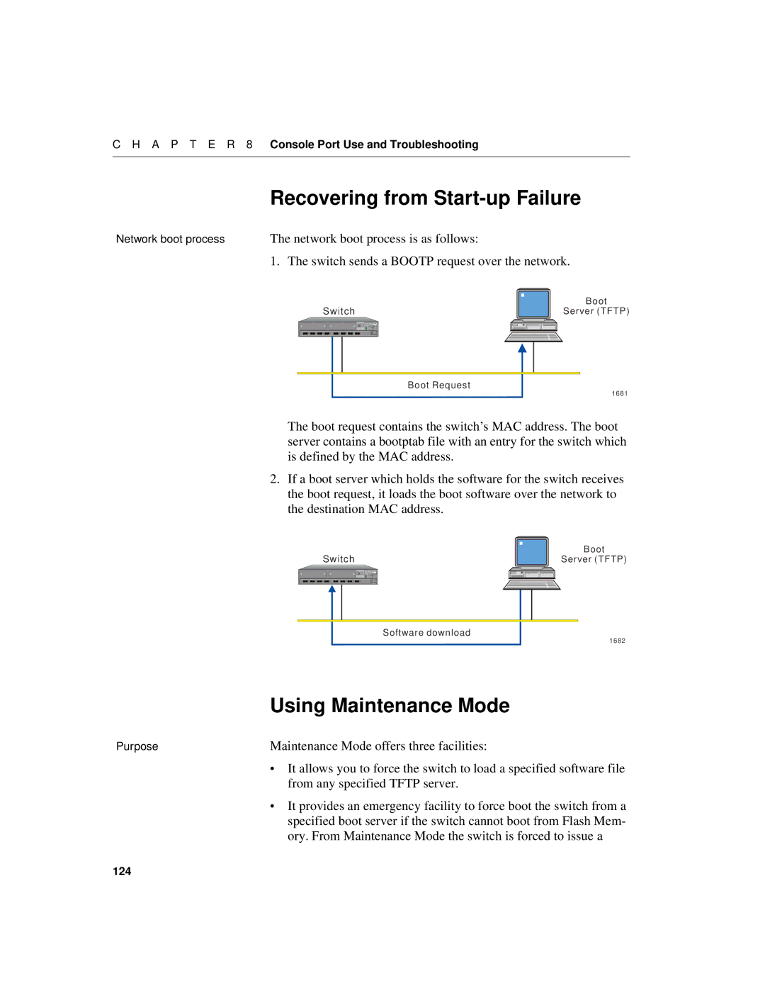 Intel 550F manual Recovering from Start-up Failure, Using Maintenance Mode, Switch sends a Bootp request over the network 