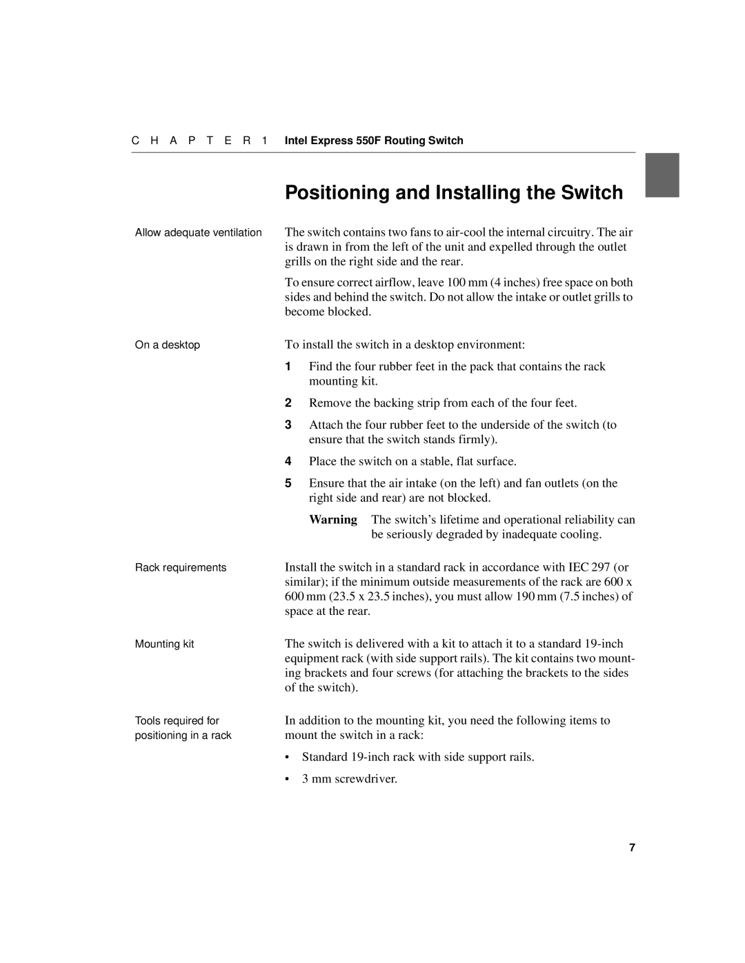 Intel 550F manual Positioning and Installing the Switch 