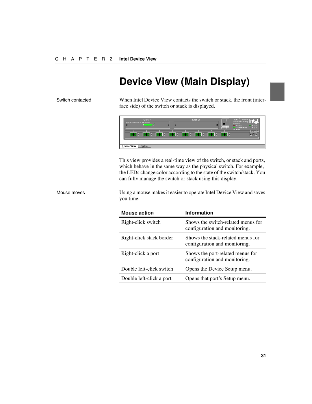 Intel 550F manual Device View Main Display, Face side of the switch or stack is displayed, You time 