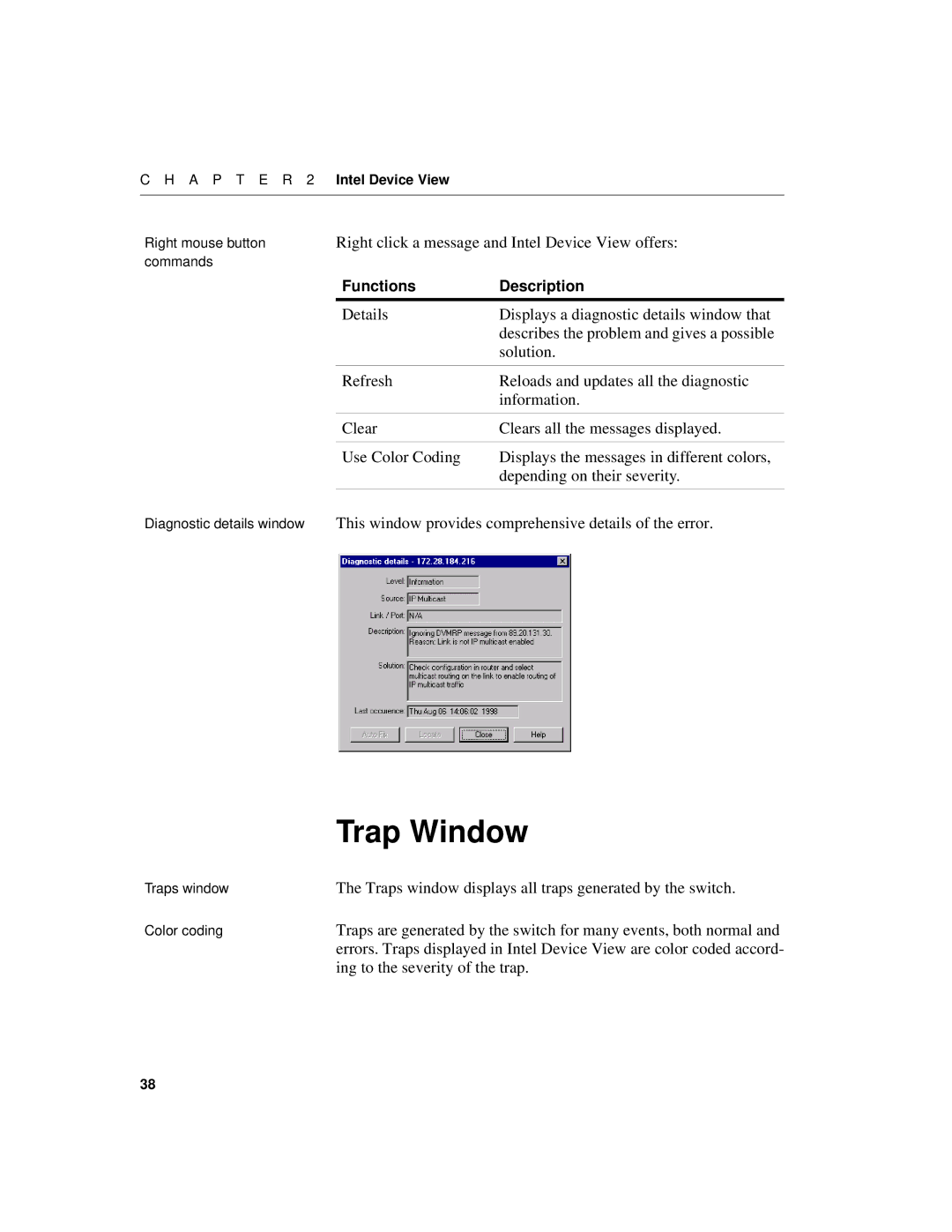 Intel 550F manual Trap Window, Right click a message and Intel Device View offers, Ing to the severity of the trap 