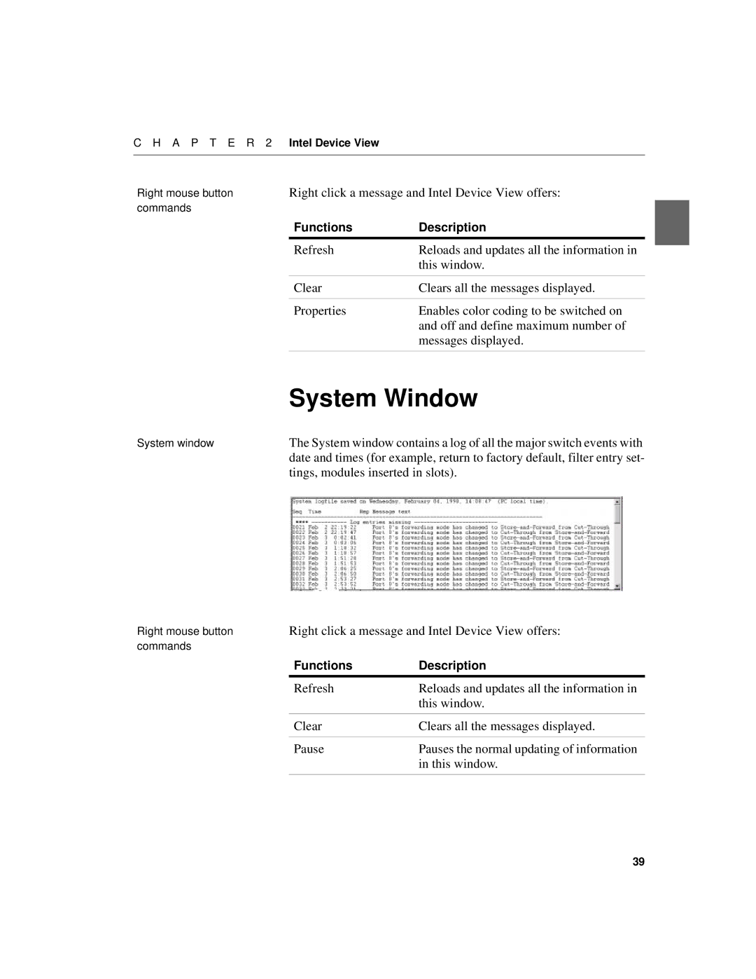 Intel 550F manual System Window, Tings, modules inserted in slots 