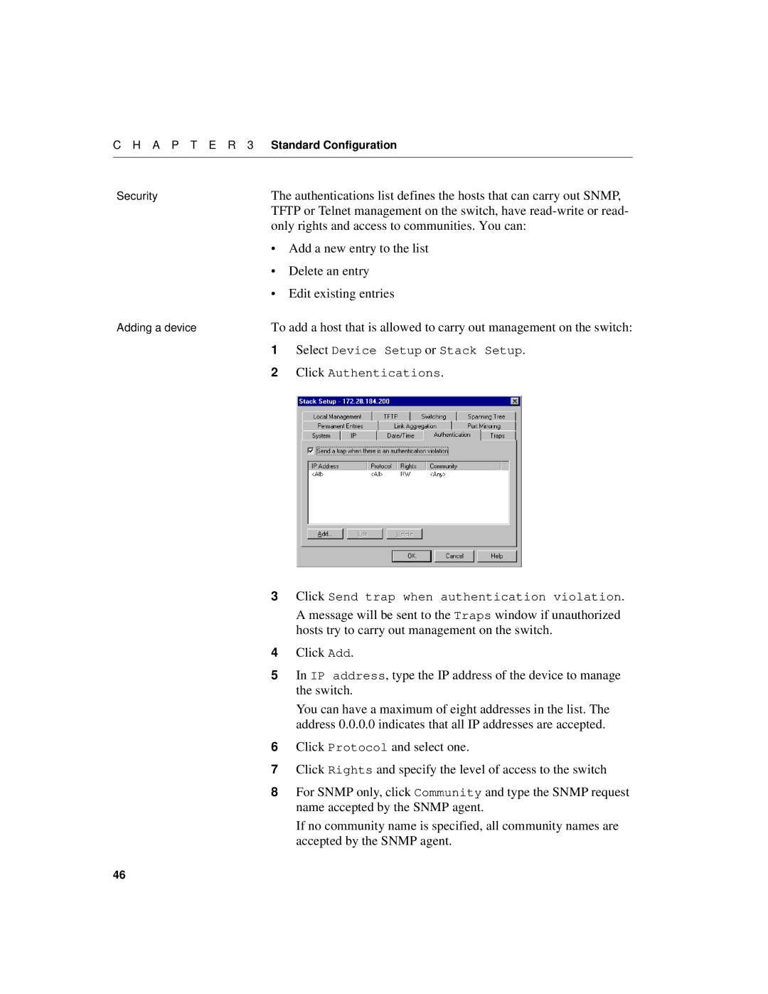 Intel 550F manual Only rights and access to communities. You can, Add a new entry to the list, Delete an entry 