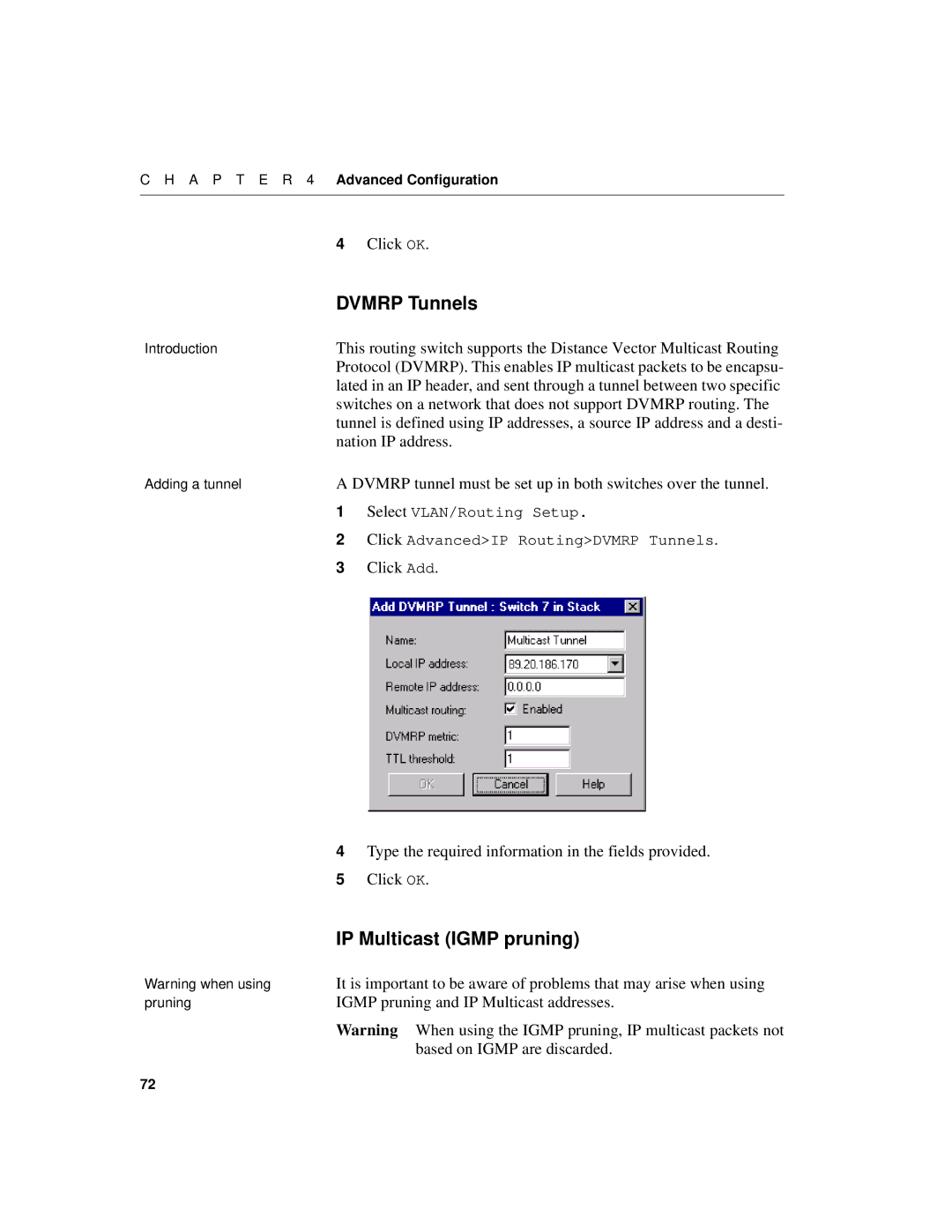 Intel 550F manual Switches on a network that does not support Dvmrp routing, Nation IP address, Click Add 