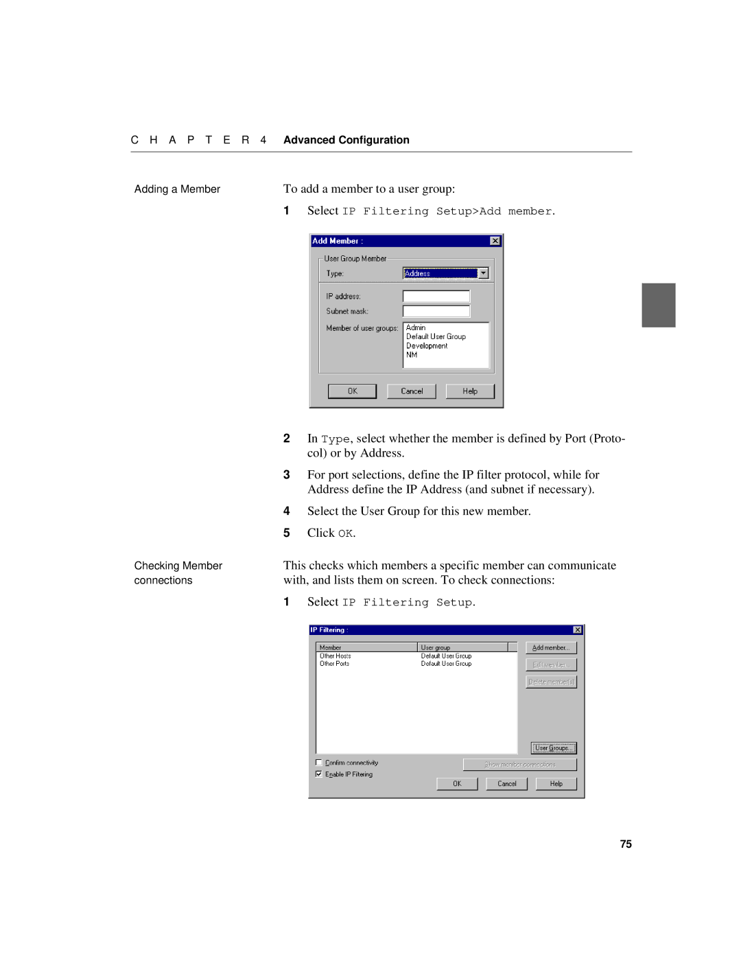 Intel 550F manual To add a member to a user group, Col or by Address, Address define the IP Address and subnet if necessary 