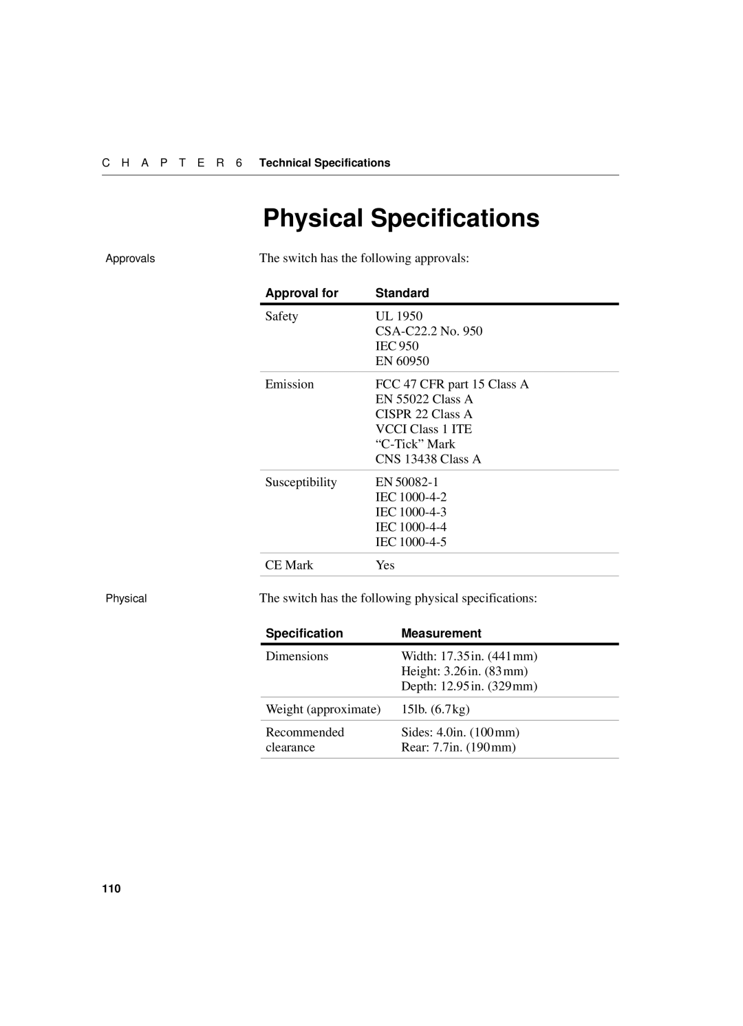 Intel 550T Physical Speciﬁcations, Switch has the following approvals, Switch has the following physical specifications 