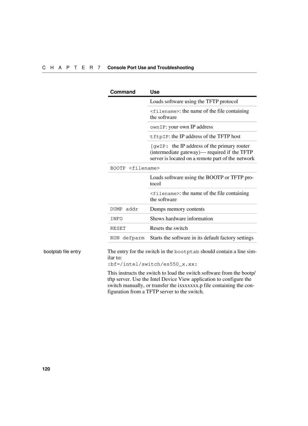 Intel 550T Loads software using the Tftp protocol, Filename the name of the file containing, Software, Tocol, Ilar to 