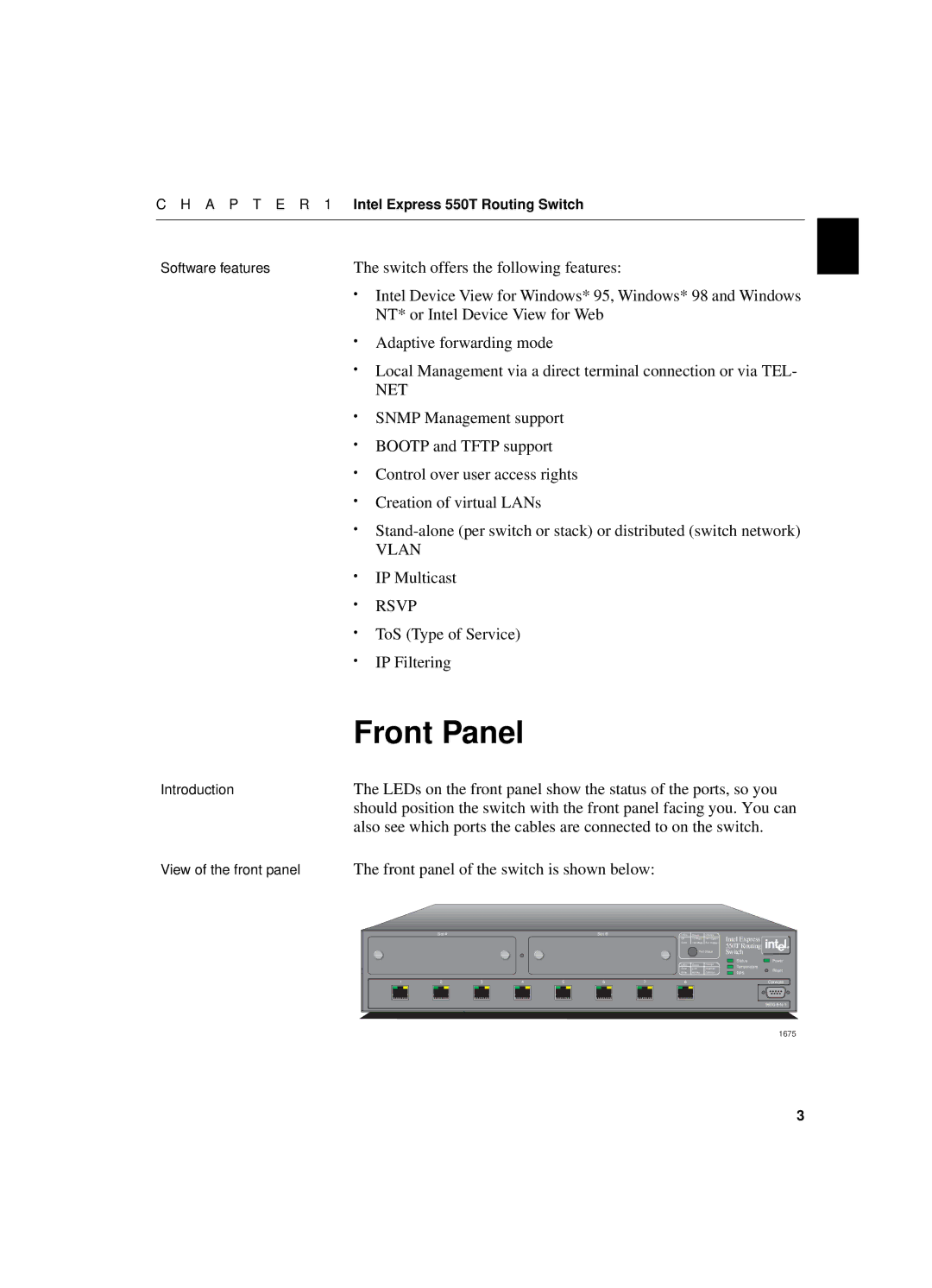 Intel 550T manual Front Panel, IP Multicast, ToS Type of Service IP Filtering, Front panel of the switch is shown below 