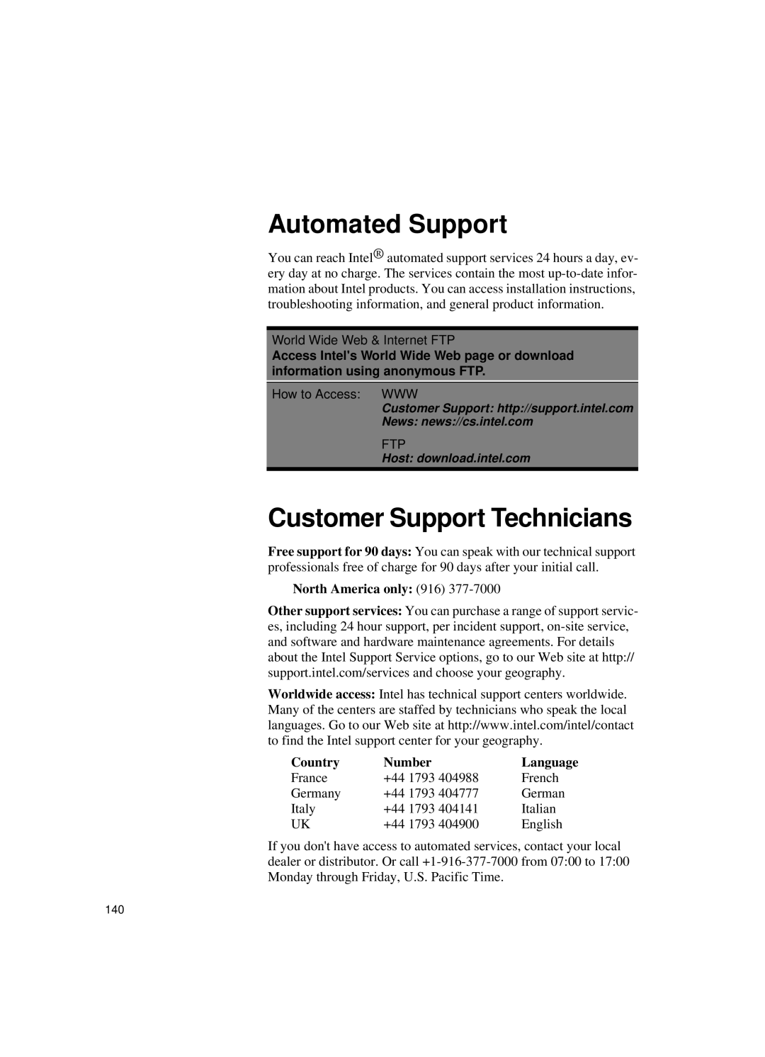 Intel 550T manual Automated Support, Customer Support Technicians 