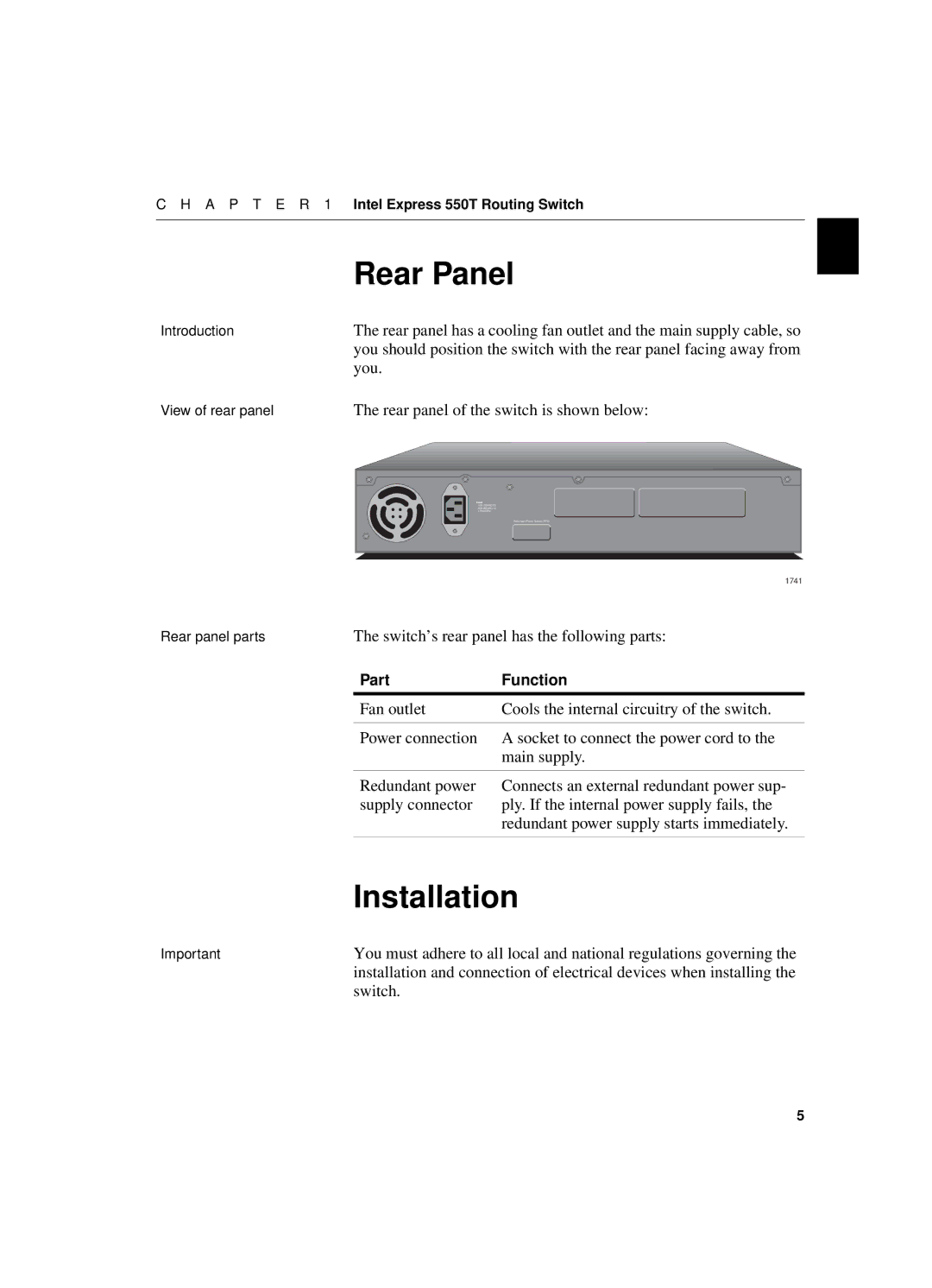 Intel 550T manual Rear Panel, Installation, Switch’s rear panel has the following parts 