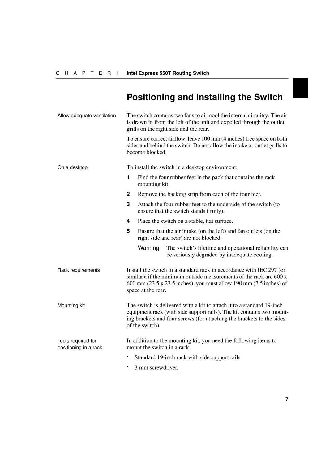 Intel 550T manual Positioning and Installing the Switch 