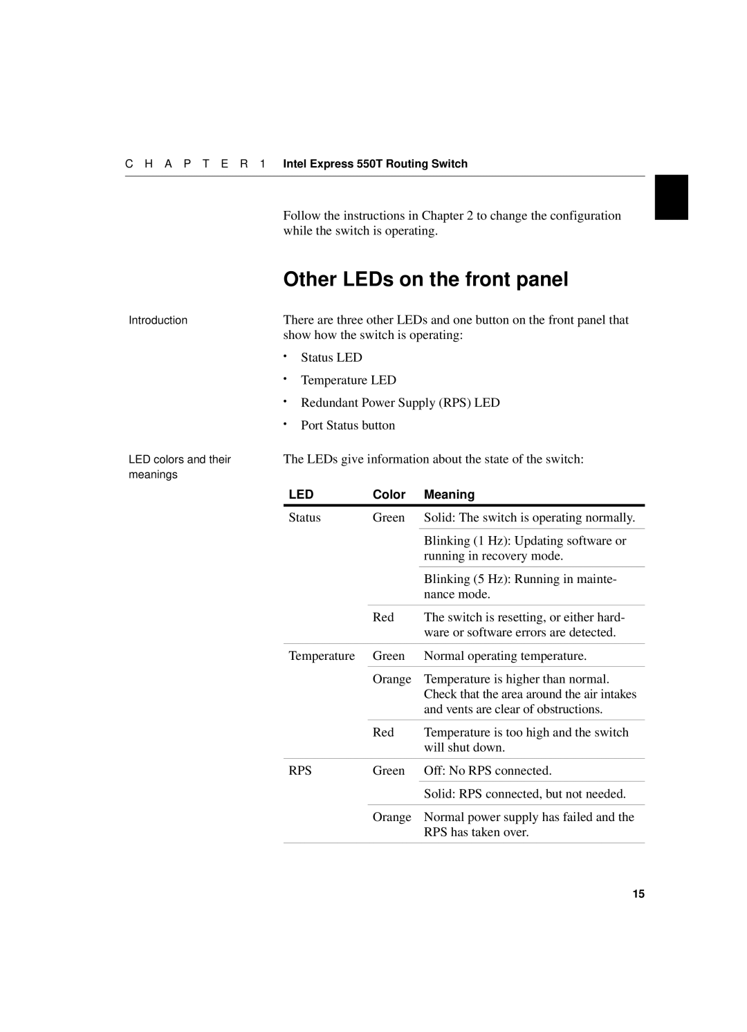 Intel 550T manual Other LEDs on the front panel, Show how the switch is operating 