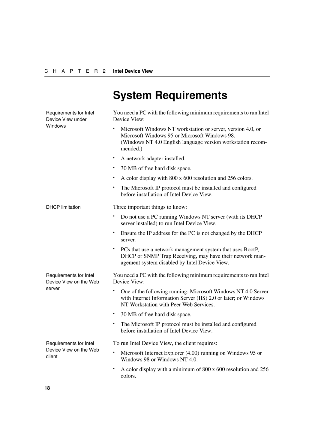 Intel 550T manual System Requirements, A P T E R 2 Intel Device View 