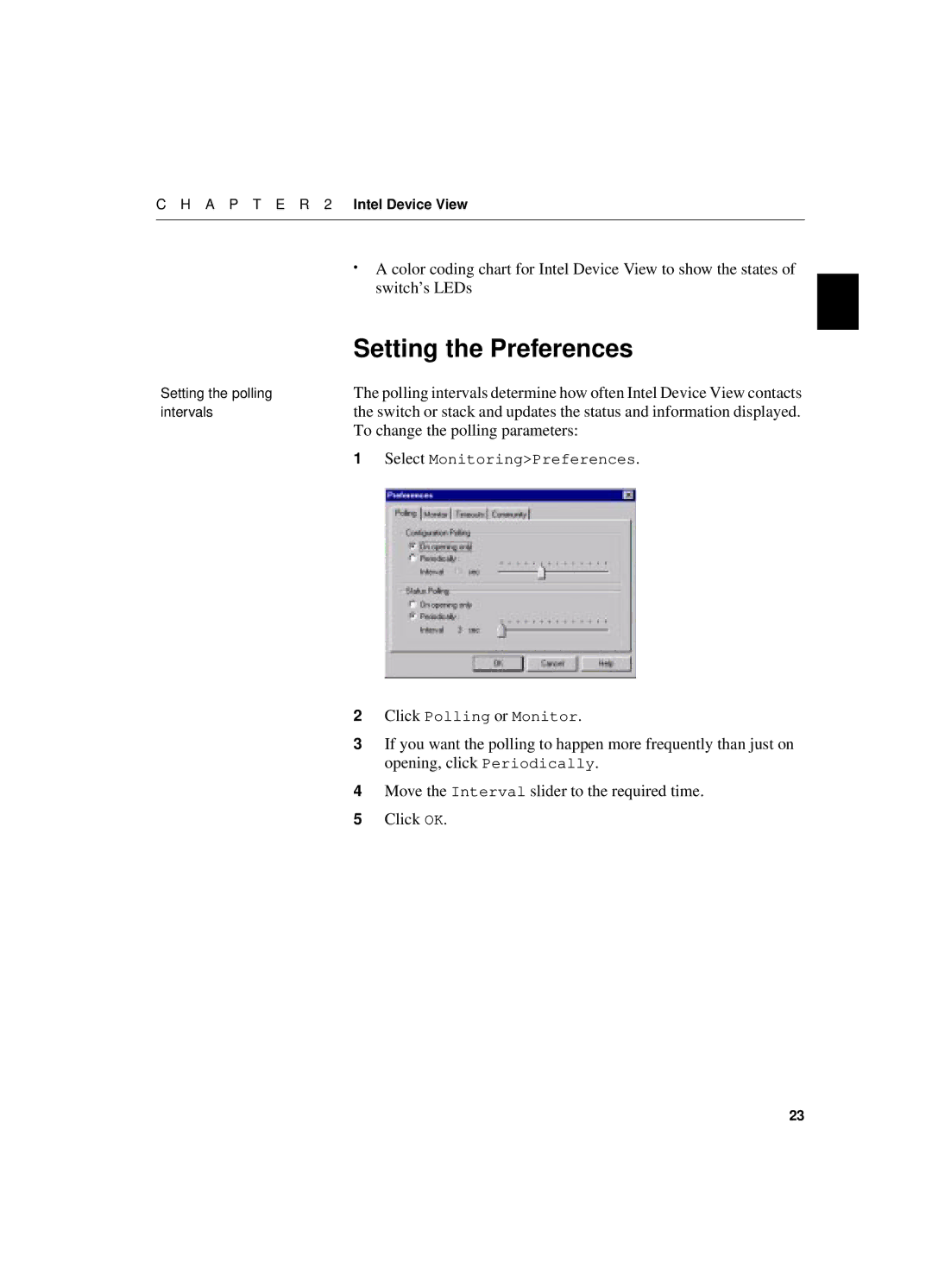 Intel 550T manual Setting the Preferences, Switch’s LEDs, To change the polling parameters 