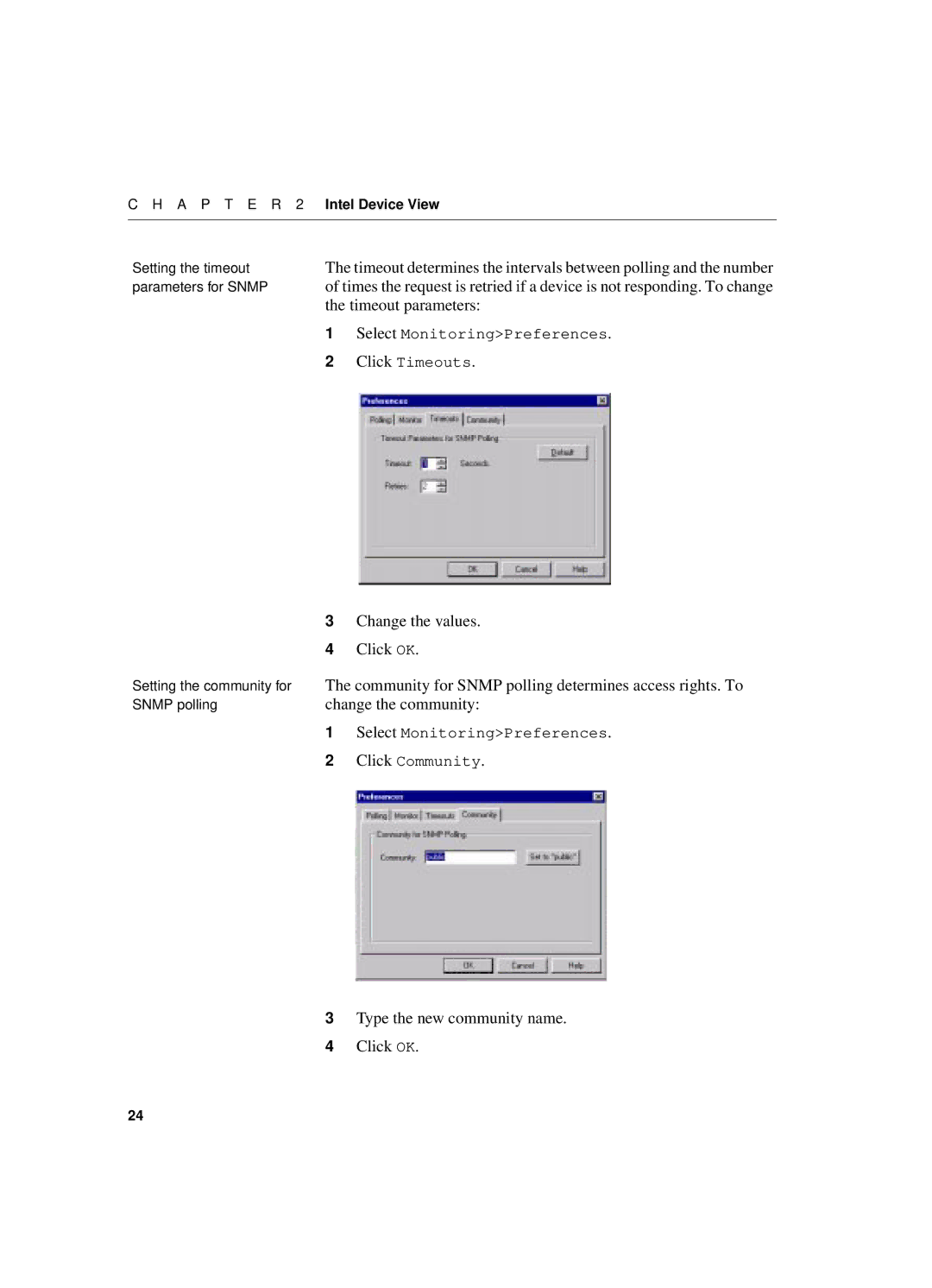 Intel 550T manual Timeout parameters, Change the values, Change the community, Type the new community name Click OK 