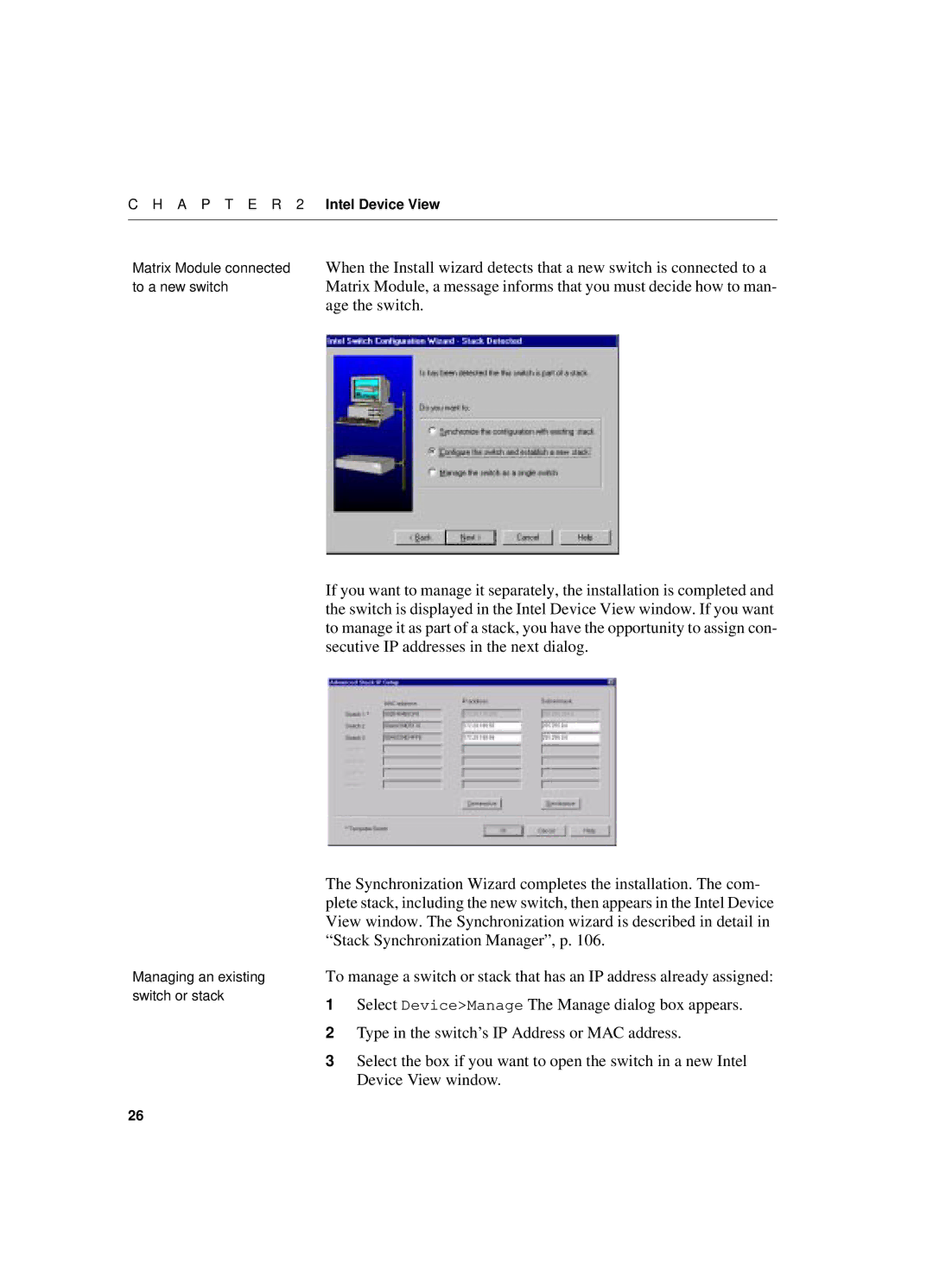 Intel 550T manual Select DeviceManage The Manage dialog box appears, Type in the switch’s IP Address or MAC address 