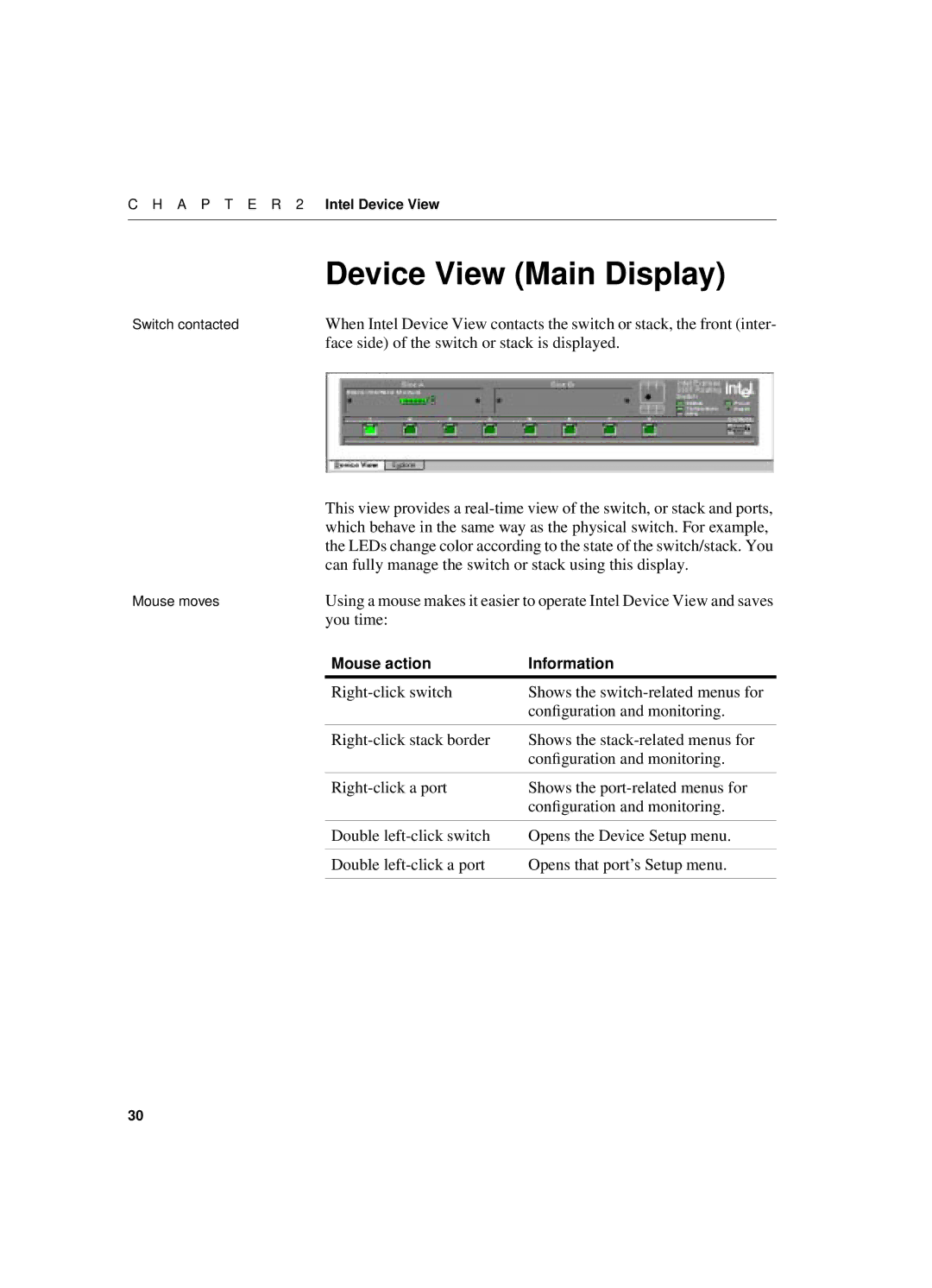 Intel 550T manual Device View Main Display, Face side of the switch or stack is displayed, You time 