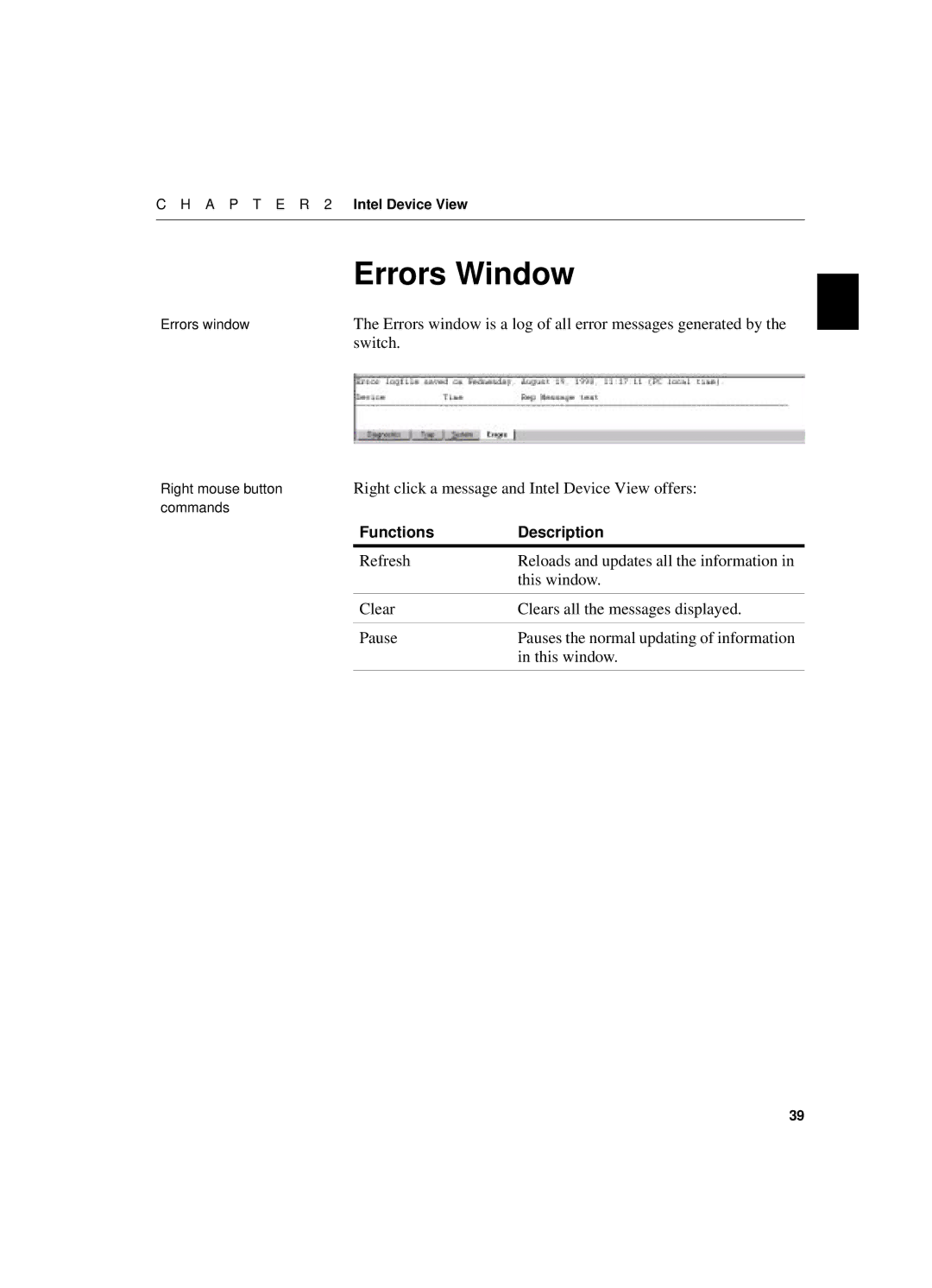 Intel 550T manual Errors Window, Switch 