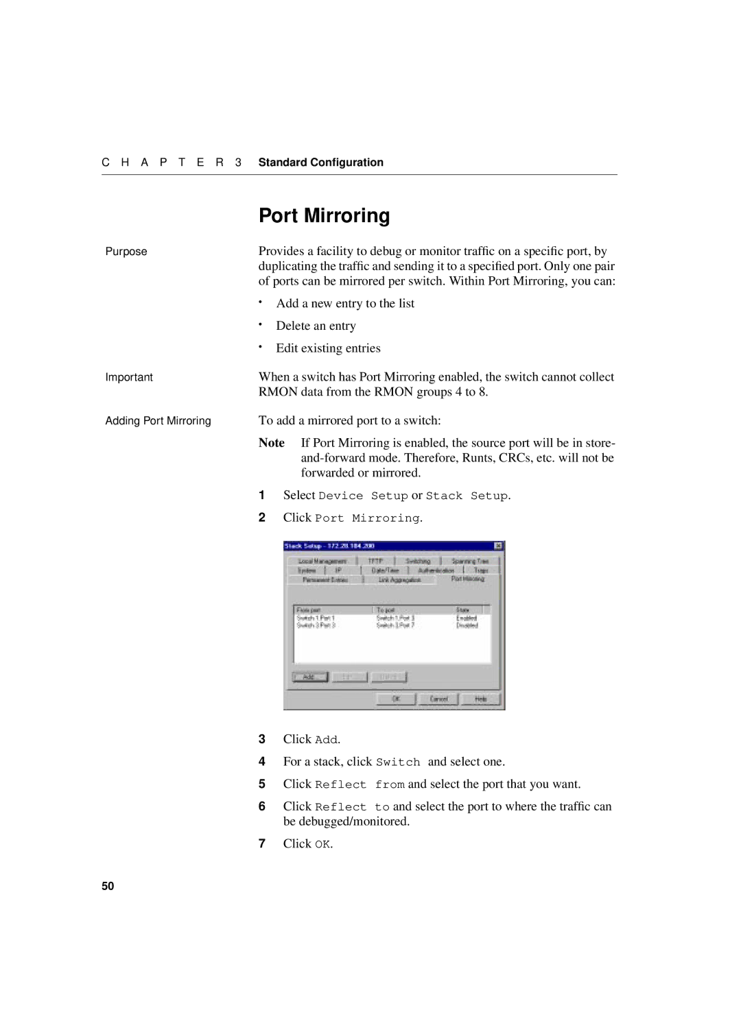 Intel 550T Port Mirroring, Rmon data from the Rmon groups 4 to, To add a mirrored port to a switch, Forwarded or mirrored 