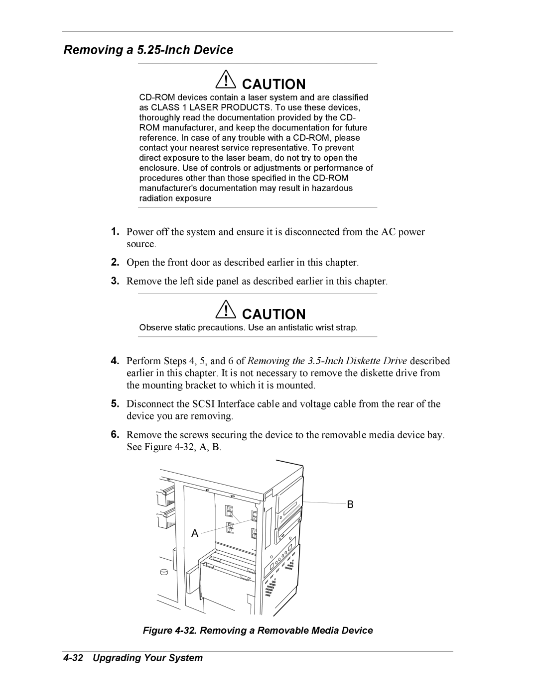 Intel 5800/120Ld manual Removing a 5.25-Inch Device, Removing a Removable Media Device Upgrading Your System 