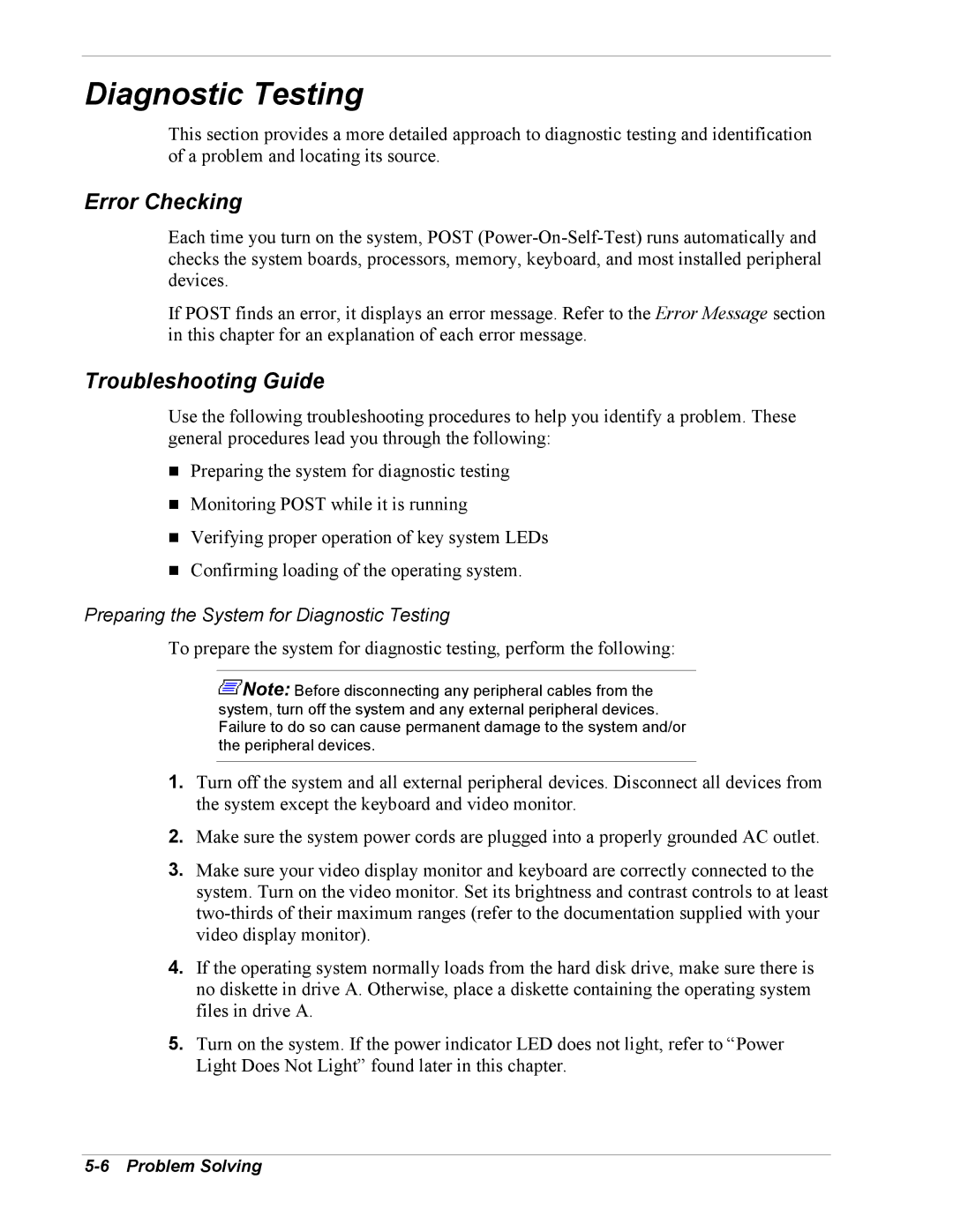 Intel 5800/120Ld manual Error Checking, Troubleshooting Guide, Preparing the System for Diagnostic Testing 