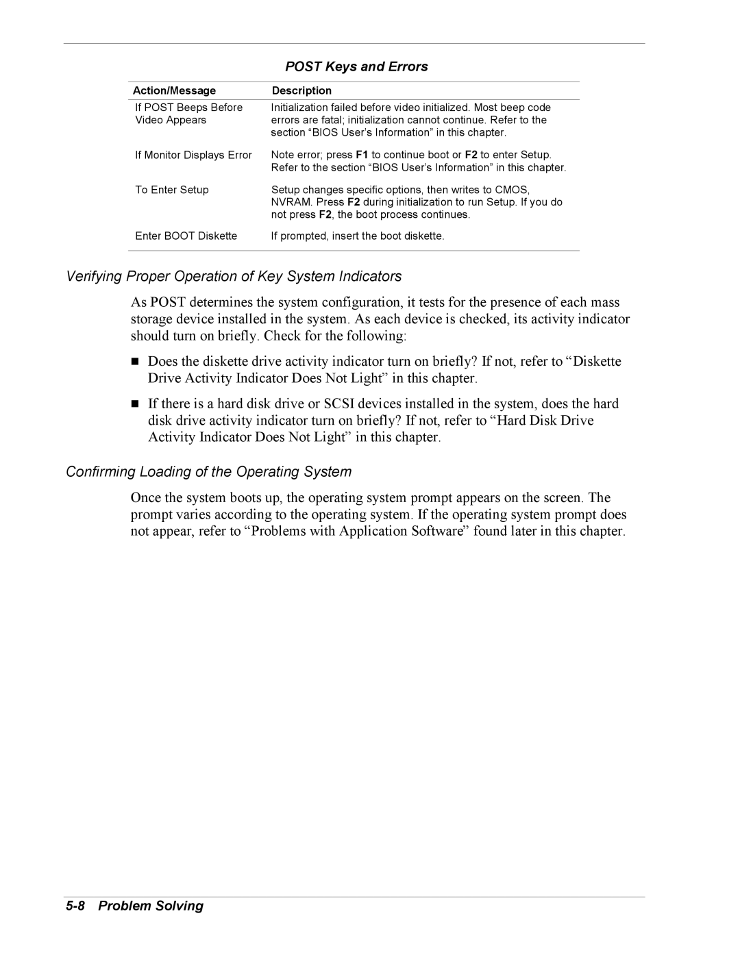 Intel 5800/120Ld manual Verifying Proper Operation of Key System Indicators, Confirming Loading of the Operating System 