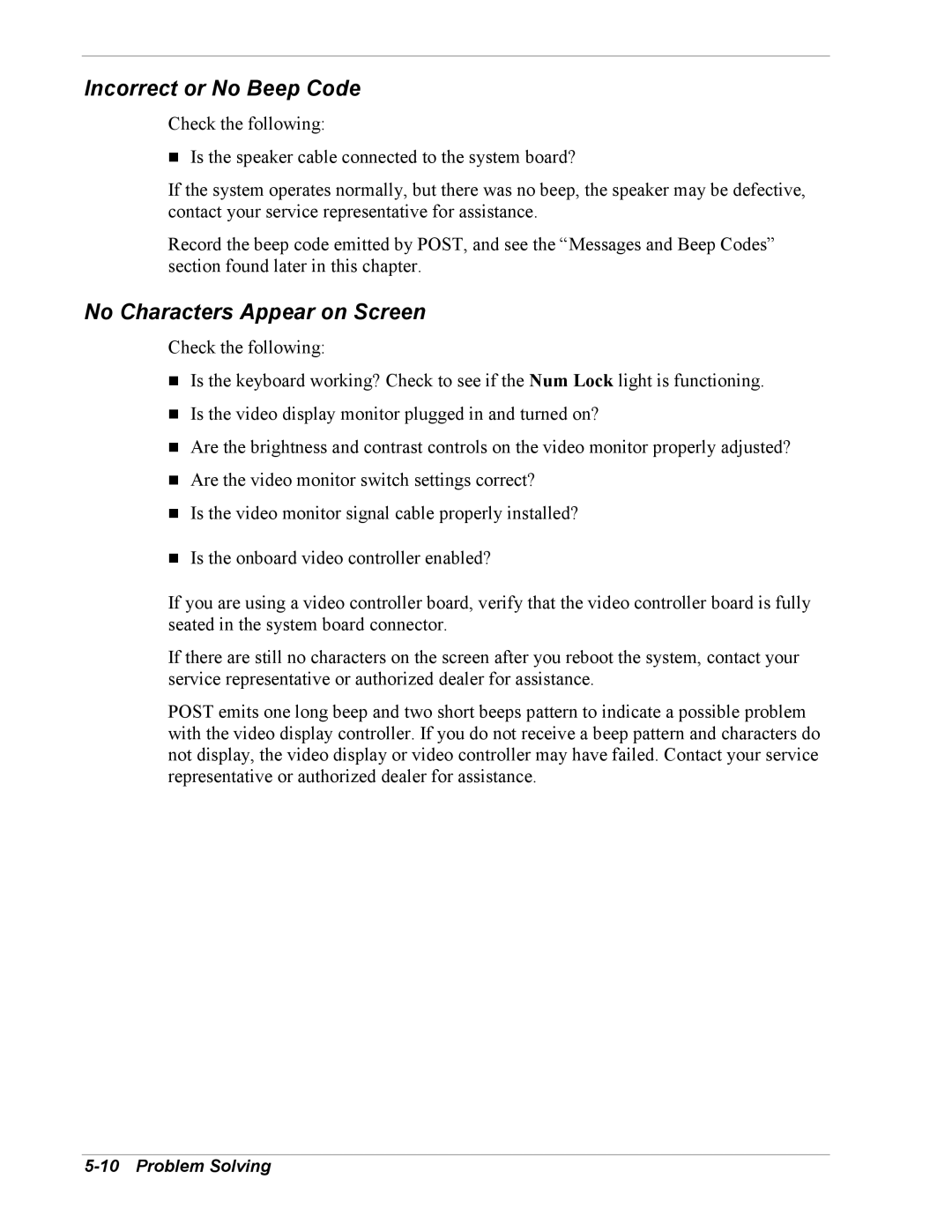 Intel 5800/120Ld manual Incorrect or No Beep Code, No Characters Appear on Screen 