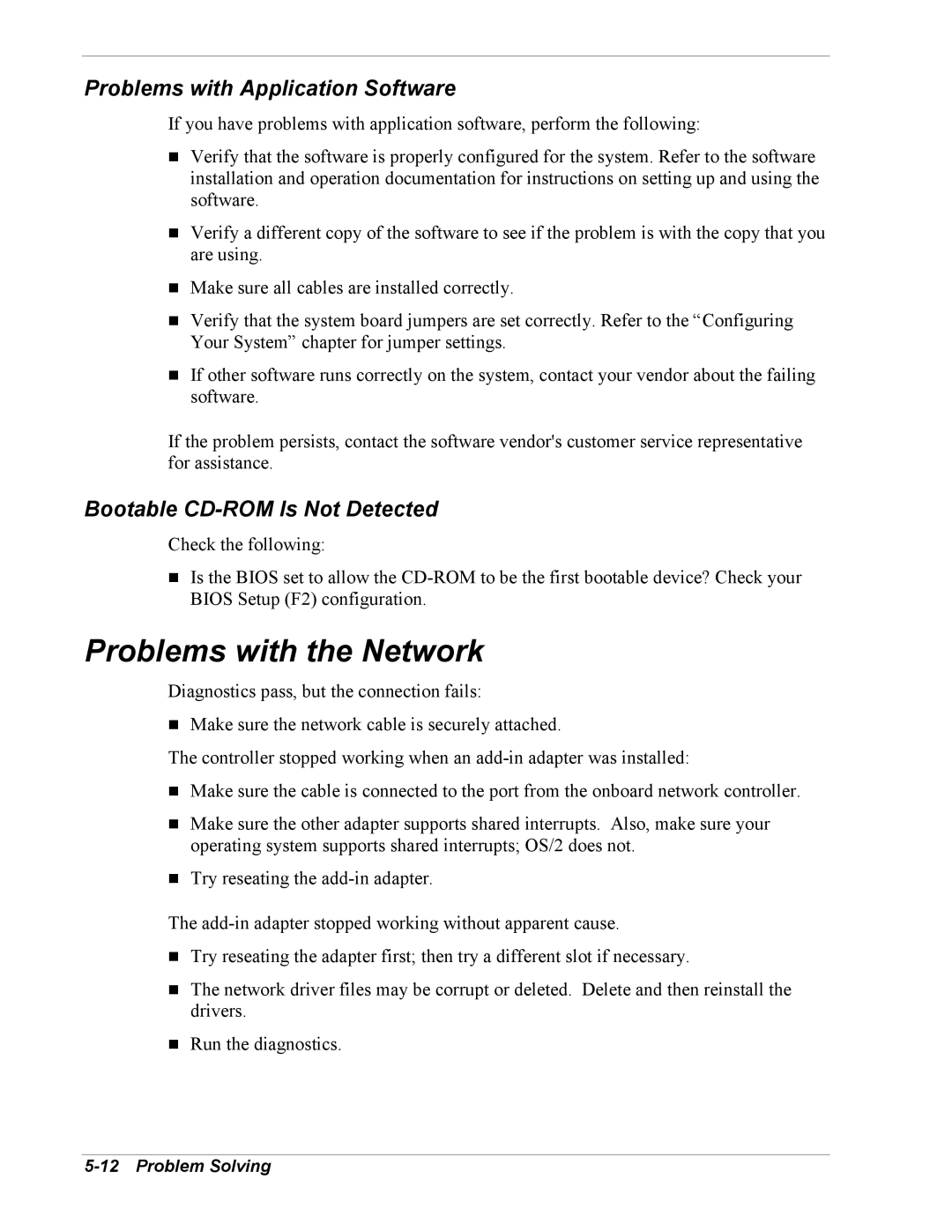 Intel 5800/120Ld manual Problems with the Network, Problems with Application Software, Bootable CD-ROM Is Not Detected 