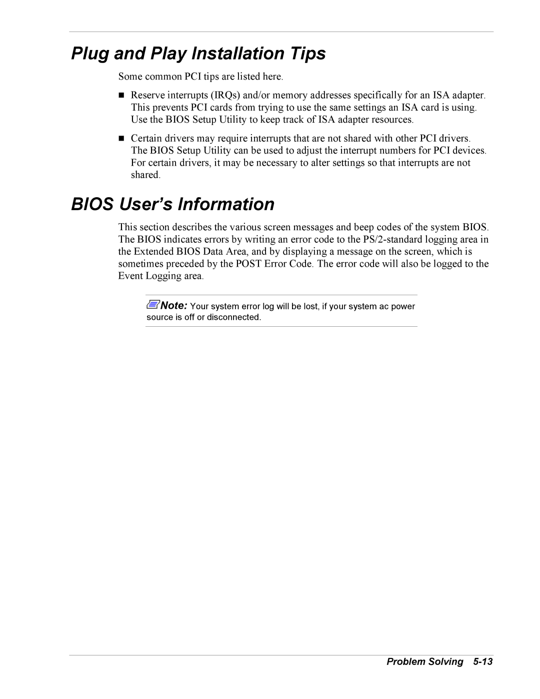 Intel 5800/120Ld manual Plug and Play Installation Tips, Bios User’s Information 