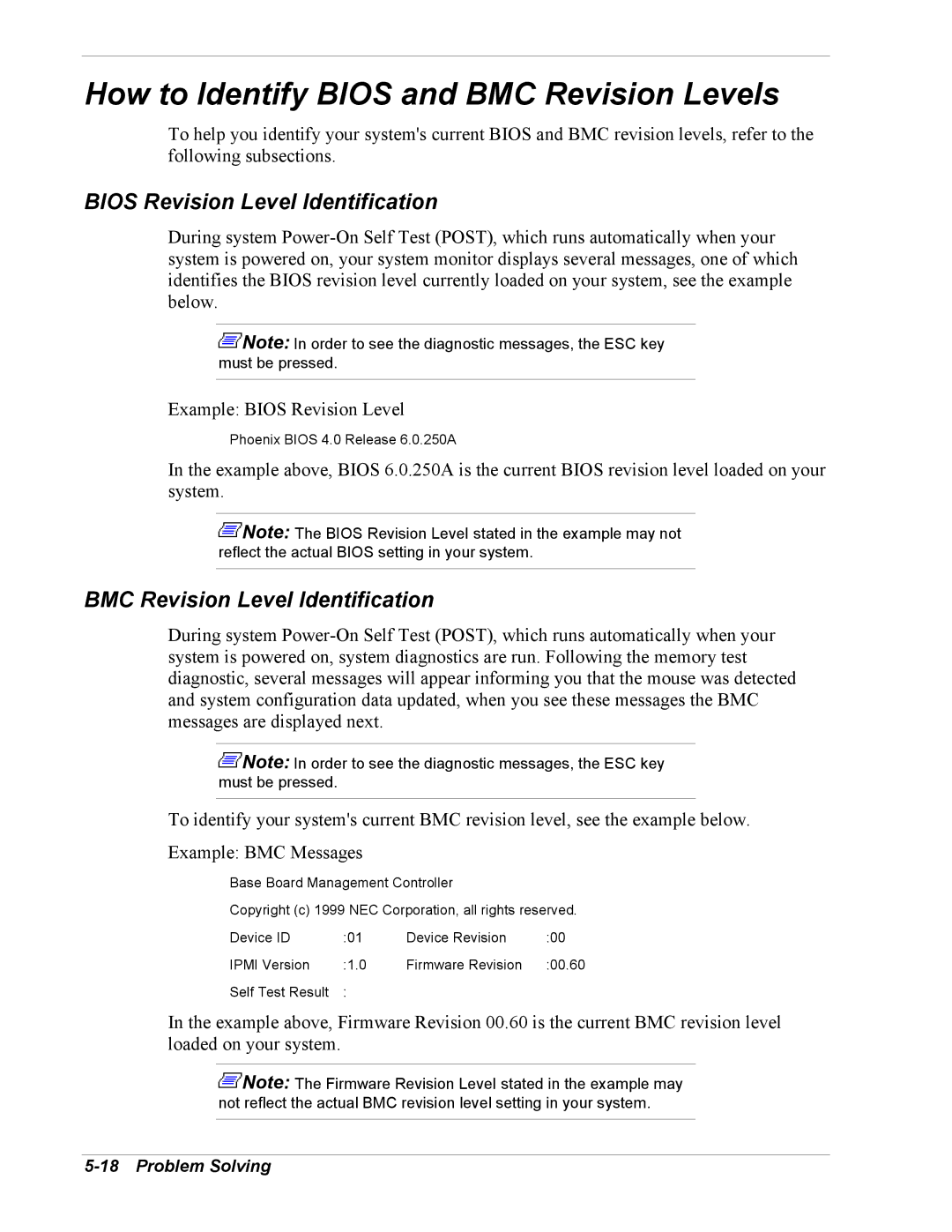 Intel 5800/120Ld manual How to Identify Bios and BMC Revision Levels, Bios Revision Level Identification 